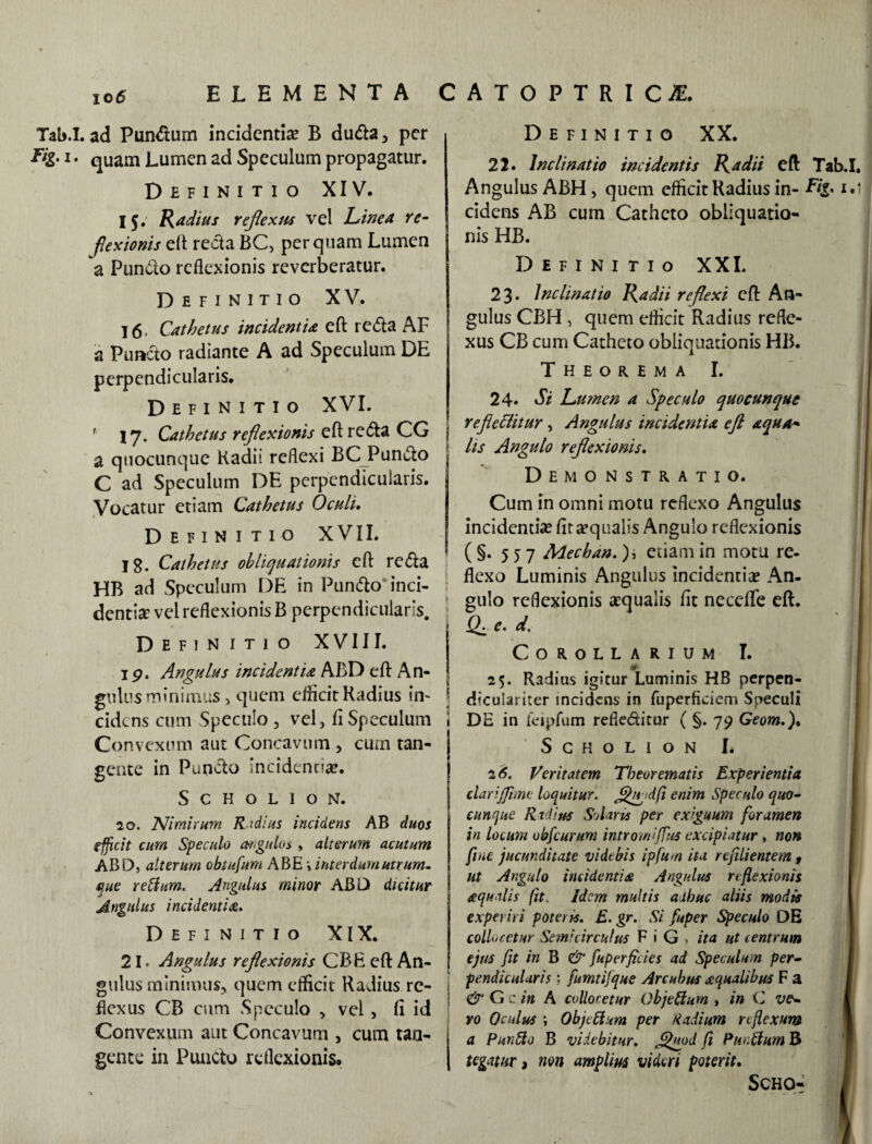 Tab.I. ad Pun&um incidentia? B du&a, per Fig- i • quam Lumen ad Speculum propagatur. Definitio XIV. 15. Radius reflexus vel Linea re¬ flexionis eft recta BC, perquam Lumen a Puncto reflexionis reverberatur. Definitio XV. 16 • Cathetus incidentia eft reCta AF a Puncto radiante A ad Speculum DE perpendicularis. Definitio XVI. ' 17. Cathetus reflexionis eft reCta CG jj a quocunque Kadii reflexi BCPunCto C ad Speculum DE perpendicularis. Vocatur etiam Cathetus Oculi. Definitio XVII. Ig. Cathetus obliquationis eft reCta HB ad Speculum DE in PunCto inci¬ dentia vel reflexionis B perpendicularis. Definitio XVIII. 19. Angulus incidentia ABD eft An¬ gulus minimus , quem efficit Radius in¬ cidens cum Speculo , vel, fi Speculum Convexum aut Concavum , curn tan¬ gente in PunCto incidentia?. S c H o L 1 o N. 20. Nimirum Radius incidens AB duos efficit cum Speculo angulos * alterum acutum ABD, alterum obtufum ABE •, inter dum utrum, me retium. Angulus minor ABD dicitur Angulus incidentia. Definitio XIX. 21. Angulus reflexionis CBE eft An¬ gulus minimus, quem efficit Radius re¬ flexus CB cum Speculo , vel, fi id Convexum aut Concavum , cum tan¬ gente in Puncto reflexionis. Definitio XX. 22. Inclinatio incidentis Radii eft Tab.I. Angulus ABH, quem efficit Radius in- Fig. 1,1 cidens AB cum Catheto obliquatio¬ nis HB. Definitio XXL 23. Inclinatio Radii reflexi eft An¬ gulus CBH , quem efficit Radius refle¬ xus CB cum Catheto obliquationis HB. Theorema I. 24* Si Lumen a Speculo quocunque refleclitur, Angulus incidentia eft aqua- lis Angulo reflexionis. Demonstratio. Cum in omni motu reflexo Angulus incidentia? fit aqualis Angulo reflexionis ( §. 557 Mechan.), etiam in motu re¬ flexo Luminis Angulus incidentia? An¬ gulo reflexionis aequalis fit neceflfe eft. ^ e . d. Corollarium I. 25. Radius igitur Luminis HB perpen- dicuiariter incidens in fuperfidem Speculi < DE in feipfum refle&itur ( §. 79 Geom.). SCHOLION I. 2 6. Veritatem Theorematis Experientia i clarijjime loquitur. Jjftgidfi enim Speculo quo¬ cunque Radius Solaris per exiguum foramen in locum ubfeurum intromiffus excipiatur , non fine jucunditate vidtbis ipfum ita re fili entem , ut Angulo incidentia Angulus reflexionis aqualis (h. Idem muttis adhuc aliis modis experiri poteris. E. gr. Si fuper Speculo DE collocetur Semicirculus FiG, ita ut centrum | ejus fit in B & fuperficies ad Speculum per¬ pendicularis ; fumtifque Arcubus aqualibus F a & G c in A collocetur Objeffum , in C ve¬ ro Oculus ; Objt ftum per Kalium reflexum a Punito B videbitur. fpnod fi Punitum B tegatur, non amplius videri poterit. SCHO*