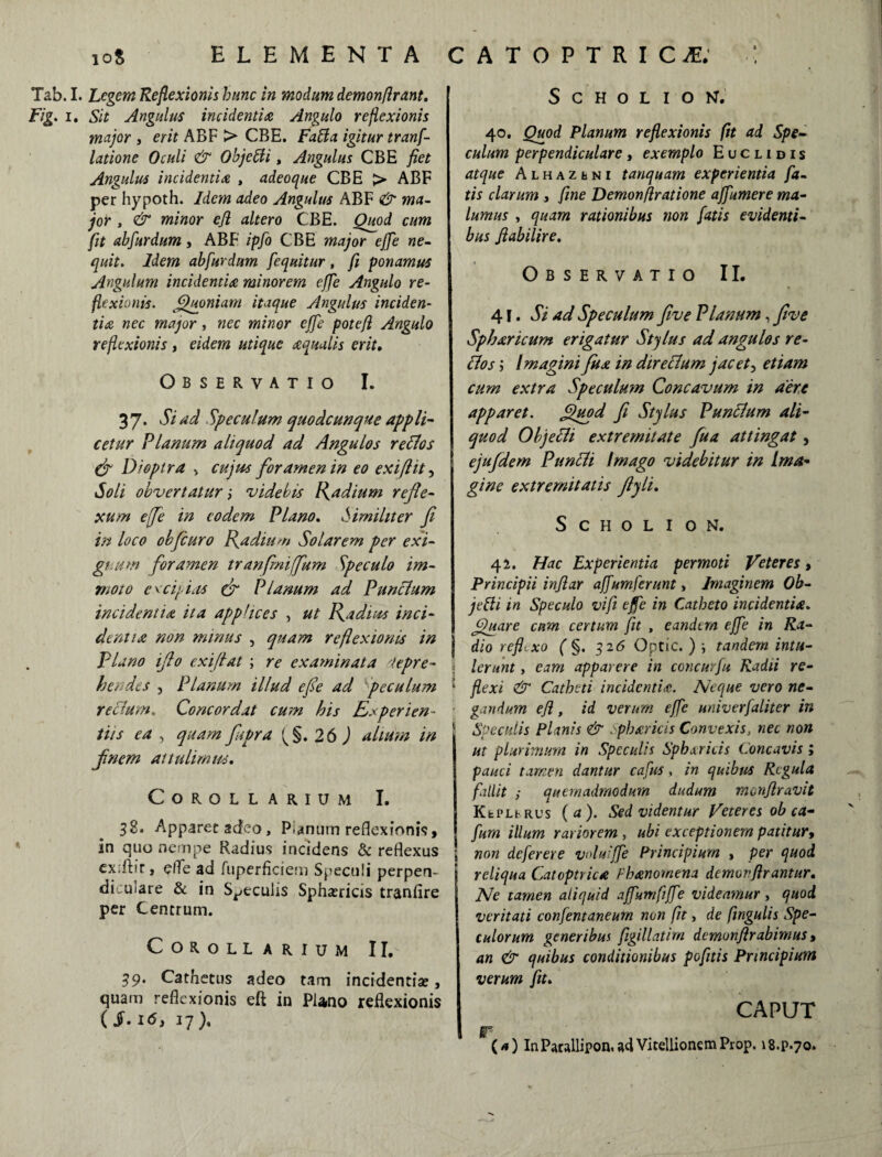 Tab. I. Legem Reflexionis hunc in modum demonflrant. i. Sit Angulus incidentia Angulo reflexionis major , erit ABF > CBE. Fati a igitur tranf- latione Oculi & Objetili, Angulus CBE fiet Angulus incidentia , adeoque CBE > ABF per hypoth. Idem adeo Angulus ABF & ma¬ jor , & minor efl altero CBE. Quod cum fit ahfurdum, ABF ipfo CBE major effe ne¬ quit. Idem ahfurdum fequitur, fi ponamus Angulum incidentia minorem effe Angulo re¬ flexionis. Quoniam itaque Angulus inciden¬ tia nec major, nec minor effe pottfl Angulo reflexionis , eidem utique aqualis erit. Observatio I. 37. Si ad . Speculum quodcunque app li¬ cetur Planum aliquod ad Angulos reflos dr Dioptra > cujus foramen in eo exi (Iit, Soli obvertaturvidebis Radium refle¬ xum effe in eodem Plano. Similiter fi in loco obflcuro Radium Solarem per exi¬ guum foramen tranflniffum Speculo im¬ moto excipias & Planum ad Punflum incidentia ita applices , ut Radius inci¬ derat a non minus , quam reflexionis in plano iflo exifiat ; re examinata lepre- ! hendes , Planum illud efie ad peculum • reflum. Concordat cum his Esperien- tiis ea , quam fiupra ^§. 26 ) altum in finem attulimus. Corollarium I. 38. Apparet adeo, Panum reflexioni»;, in quo nempe Radius incidens & reflexus exiftit, e/Te ad fuperficiem Speculi perpen¬ diculare & in Saeculis Sphericis tranfire per Centrum. Corollarium II. 39* Cathetus adeo tam incidentise, quam reflexionis eft in Plano reflexionis ( i. 16, 17), S C H O L I O N. 40. Quod Planum reflexionis fit ad Spe¬ culum perpendiculare, exemplo Euclidis atque Alhazeni tanquam experientia fa¬ tis clarum , fine Demonflratione affumere ma¬ lumus , quam rationibus non fatis evidenti¬ bus Jlabilire. Observatio II. 41. Si ad Speculum five Planum, fi ve Spharicum erigatur St) Ius ad angulos re- flos i Imagini fua in direflum jacet5 etiam cum extra Speculum Concavum in aere apparet. Quod fi Stylus Punflum ali¬ quod Objefli extremitate fiua attingat, ejufdem Punfli Imago videbitur in Ima¬ gine extremitatis ftyli. S C H O L I O N. 42. Hac Experientia permoti Veteres, Principii inflar affumferunt, Imaginem Ob- jeffi in Speculo vifi efie in Catheto incidentia. Quare cum certum fit , eandem efie in Ra¬ dio refl- xo ( §. 326 Optio. ) i tandem intu¬ lerunt , eam apparere in concurfiu Radii re¬ flexi & Catheti incidentia. Neque vero ne¬ gandum efl, id verum efie univerfaliter in Speculis Planis & Spharicis Convexis, nec non ut plurimum in Speculis Sphxricis Concavis ; pauci tamen dantur cafus, in quibus Regula fallit ; quemadmodum dudum monflravit KfcPLr rus (a). Sed videntur Veteres ob ca- fum illum rariorem , ubi exceptionem patitur, \ non deferere voluiffe Principium , per quod j reliqua Catoptrica Phanomena demorflrantur. Ne tamen aliquid afiumfifie videamur , quod veritati confentaneum non fit, de fwgulis Spe¬ culorum generibus figillatirn demonflrabimus, an & quibus conditionibus pofitis Principium verum fit. CAPUT r (*) InParallipon.adVitellionemProp. 18.P.70.