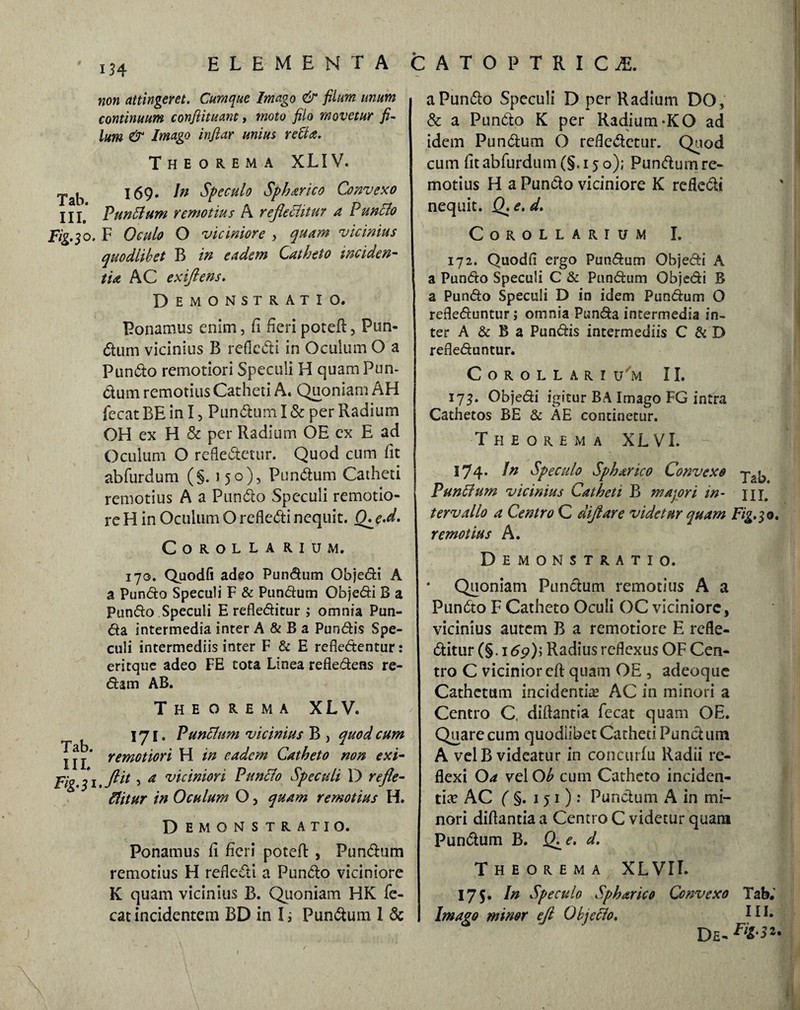 non attingeret. Cumque Imago & filum unum continuum confiituant, moto filo movetur fi¬ lum & Imago infiar unius recta. Theorema XLIV. Yak 169. In Speculo Spharico Convexo III. Punitum remotius A reflectitur a Puncto Fig.30. F Oculo O viciniore } quam vicimus quodlibet B in eadem Catheto inciden¬ tia AC exiftens. Demonstratio. Ponamus enim, fi fieri poteft, Pun¬ dum vicinius B rcfledi in Oculum O a Pundo remotiori Speculi H quam Pun¬ ctum remotius Catheti A. Quoniam AH fecat BE in I, Pundum I & per Radium OH ex H & per Radium OE ex E ad Oculum O refledetur. Quod cum fit abfurdum (§. 1 5 o ), Pundum Catheti remotius A a Pundo Speculi remotio¬ re H in Oculum O reflecti nequit. fiKj.d. Corolla rium. 170. Quodfi adeo Pundum Objedi A a Pundo Speculi F & Pundum Objedi B a Pundo Speculi E refleditur; omnia Pun- da intermedia inter A & B a Pundis Spe¬ culi intermediis inter F & E refledentur: eritque adeo FE tota Linea refledens re¬ dam AB. Theorema XLV. 171. Punctum vicinius B , quod cum j* remotiori H in eadem Catheto non exi- Fig.31.ftit 5 a viciniori Punito Speculi D refle¬ ctitur in Oculum O, quam remotius H. Demonstratio. Ponamus fi fieri poteft , Pundum remotius H refledi a Pundo viciniore K quam vicinius B. Quoniam HK fe¬ cat incidentem BD in Ii Pundum 1 & a Pundo Speculi D per Radium DO» & a Pundo K per Radium-KO ad idem Pundum O refledetur. Quod cum fit abfurdum (§. 15 o); Pundum re¬ motius H a Puncto viciniore K rededi nequit. Q. e. d. Corollarium I. 172. Quodfi ergo Pundum Objedi A a Pundo Speculi C & Pundum Objedi B a Pundo Speculi D in idem Pundum O rededuntur; omnia Punda intermedia in¬ ter A & B a Pundis intermediis C & D rededuntur. Corollari u'm 11. 173. Objedi igitur BA Imago FG intra Cathetos BE & AE continetur. Theorema XLVI. 174. In Speculo Sphurico Convexo -p 1 Punitum vicinius Catheti B majori in- m. ter vallo a Centro C diflare videtur quam Fig.30. remotius A. Demonstratio. * Quoniam Pundum remotius A a Pundo F Catheto Oculi OC viciniore, vicinius autem B a remotiore E refle- ditur (§. 16g)\ Radius redexus OF Cen¬ tro C vicinior eft quam OE , adeoque Cathetum incidentia? AC in minori a Centro C, didantia fecat quam OE. Quare cum quodlibet Catheti Pund um A vel B videatur in concurfu Radii re¬ flexi O a vel Ob cum Catheto inciden¬ tia? AC ( §. 151) : Punclum A in mi¬ nori didantia a Centro C videtur quara Pundum B. fL e. d. Theorema XLVIL 175. In Speculo Spharico Convexo Tabi Imago minor eft Objecto. HI. De-