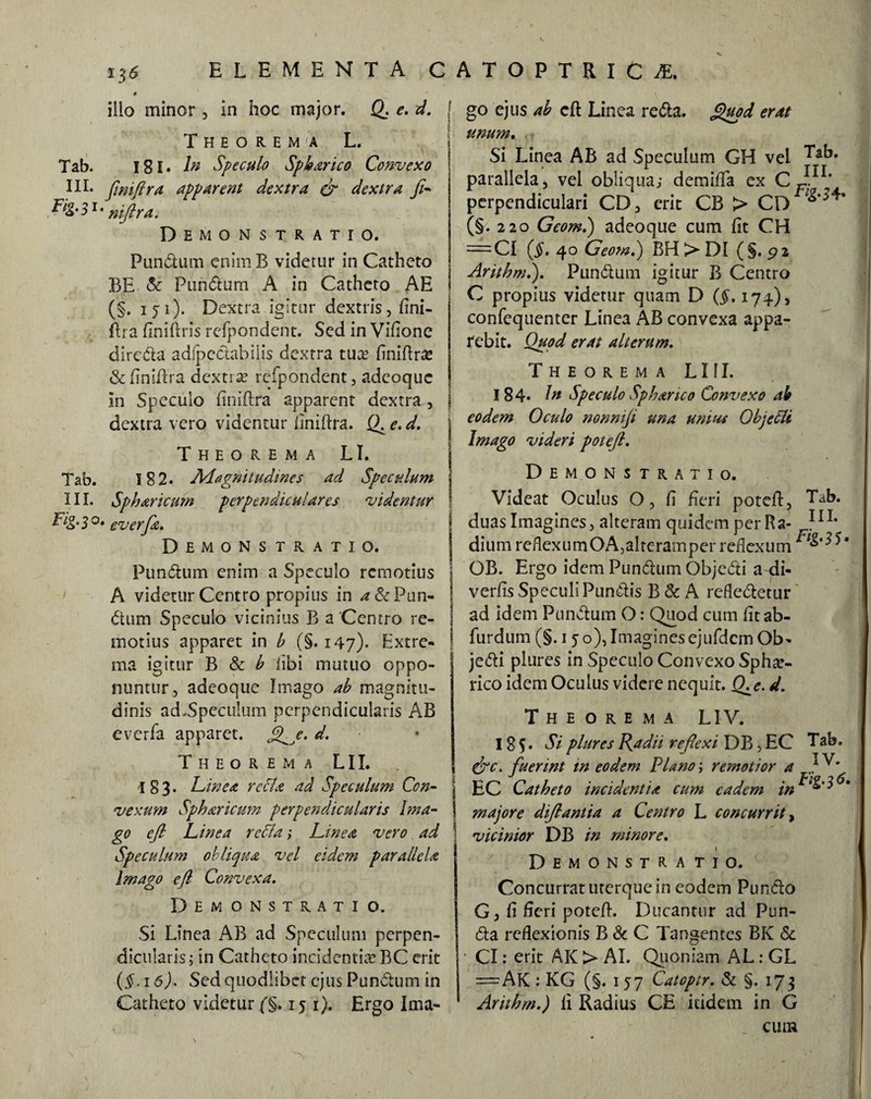 0 illo minor , in hoc major. Q. e. d. Theorema L. Tab. 181. In Speculo Spharico Convexo III. (zmflra apparent dextra & dextra fi- Demonstratio. Pundum enim B videtur in Catheto BE & Pundum A in Catheto AE (§. iyi). Dextra igitur dextris, fini- fira finiftris refpondent. Sed in Vifione direda adlpcdabilis dextra tua? iiniftrae &finifira dextime refpondent, adeoquc in Speculo finiftra apparent dextra , dextra vero videntur finiftra. Q. e. d. Theorema LI. Tab. 182- Magnitudines ad Speculum III. Spharicmn perpendiculares videntur T/g.30, eveyj£' Demonstratio. Pundum enim a Speculo remotius A videtur Centro propius in *&Pun- dum Speculo vicinius B a Centro re¬ motius apparet in b (§.147). Extre¬ ma igitur B & b libi mutuo oppo¬ nuntur, adeoquc Imago ab magnitu¬ dinis ad-Speculum perpendicularis AB everfa apparet. d. Theorema L11. I 8 3 • Linea retia ad Speculum Con¬ vexum Spharicum perpendicularis Ima¬ go efi Linea retia i Linea vero ad Speculum obliqua vel eidem parallela Imago efi Convexa. Demonstratio. Si Linea AB ad Speculum perpen¬ dicularis; in Catheto incidentia? BC erit (§. 1Sed quodlibct ejus Pundum in Catheto videtur (§. 15 1). Ergo Ima- | go ejus ab cft Linea reda. guod erat : unum. 1 _ Si Linea AB ad Speculum GH vel Tab. parallela, vel obliqua; demifta ex cj11, perpendiculari CD, erit CB > CD (§. 220 Geom.) adeoque cum fit CH | =CI ($. 40 Geom.) BH > DI (§.92 j Arithmi), Pundum igitur B Centro C propius videtur quam D (§. 174), confequenter Linea AB convexa appa¬ rebit. Quod erat alterum. Theorema LI1I. 184» In Speculo Spharico Convexo ab i eodem Oculo nonniji una unius Objetii j Imago videri potefi. Demonstratio. Videat Oculus O, fi fieri potefi, Tab. duas Imagines, alteram quidem per Ra- f11, I dium reflexumOA,alteramper reflexum i OB. Ergo idem Pundum Objedi a di- I verfis Speculi Pundis B & A refledetur \ ad idem Pundum O: Quod cum fit ab- | furdum (§. 150), Imaginesejufdcm Ob¬ jedi plures in Speculo Convexo Sphae¬ rico idem Oculus videre nequit. Q^e. d. Theorema LIV. 18 S • plures Radii reflexi DB, EC fuerint in eodem Plano; remotior a EC Catheto incidentia cum eadem in majore diflantia a Centro L concurrit, vicinior DB in minore. Tab. IV. Pig-36» Demonstratio. Concurrat uterque in eodem Pundo G, fi fieri potefi. Ducantur ad Pun- da reflexionis B & C Tangentes BK & CI: erit AK > AI. Quoniam AL: GL = AK : KG (§. 157 Catoptr. & §. 173 Arithm.) fi Radius CE itidem in G cum