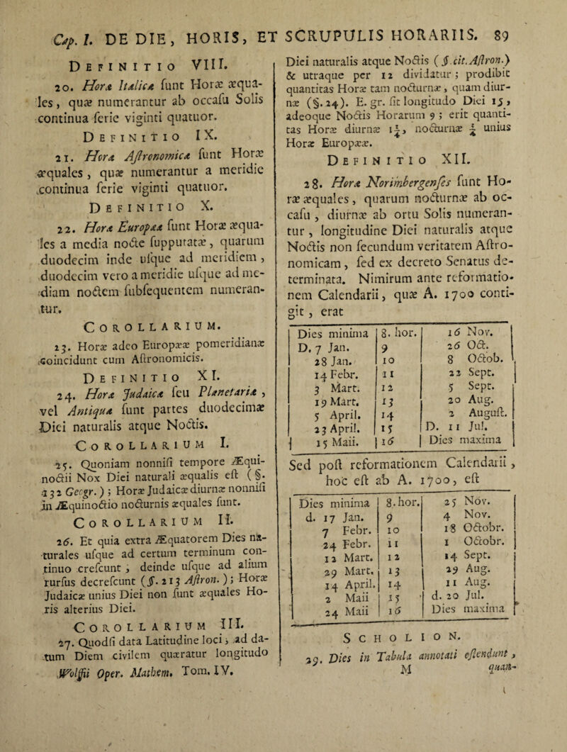 Definitio VIII. 20. Hor a It diti a funt Horas a?qua- 1 es, qua? numerantur a'o occalu Solis continua feric viginti quatuor. Definitio IX. 21. Hcrx AJlronomicx funt Hora? aquales , quae numerantur a meridie .continua fcrie viginti quatuor. Definitio X. 22. Hota Europa a funt Hora? aqua¬ les a media node fupputata?, quarum duodecim inde ufque ad meridiem , duodecim vero a meridie ufque ad me¬ diam nodem fnbfequentem numeran¬ tur. Corollarium. 25. Hor« adeo Europae pomeridiana: coincidunt cum Aftronomicis. Definitio XI. 24. Hor a Judatix leu Planetxrix , vel Anttqux funt partes duodecimas Diei naturalis atque Nodis. Corollarium I. 25. Quoniam nonnifi tempore iEqui- nodii Nox Diei naturali aequalis eft ( §. 431 Gecgr.) ; Hora: Judaica: diurna: nonnid in iEquinodio nodurnis aquales funt. Corollarium IL 26. Et quia extra Aquatorem Dies na¬ turales ufque ad certum terminum con¬ tinuo crefcunt 3 deinde ufque ad alium rurfus decrefcunt (Jf. 213 Aflron.); Horie Judaica: unius Diei non funt aequales Ho¬ ris alterius Diei. Corollarium i II. 27. Qiiodfi data Latitudine loci, ad da¬ tum Diem civilem quaeratur longitudo Woljjii Oper, Matbsrn. Tom. IV. Diei naturalis atque Nodis ( $ cit. Aflron.) & utraque per 12 dividatur ; prodibit quantitas Horae tam nodurna:, quam diur¬ na: (§.24). E. gr. Et longitudo Diei 15 , adeoque Nodis Horarum 9 J erit quanti¬ tas Hora: diurnae noduraae ^ unius Hora: Europaeae. Definitio XIL 28» Horx Hor imbergenfes funt Ho¬ ra? aquales, quarum nodurna? ab oc- cafu j diurna? ab ortu Solis numeran¬ tur , longitudine Diei naturalis atque Nodis non fecundum veritatem Aftro- nomicam, fed ex decreto Senatus de¬ terminata. Nimirum ante reformatio¬ nem Calendarii, quae A. 1700 conti¬ git , erat Dies minima 8. hor. 16 Nov. D, 7 Jan. 9 26 Od. 28 Jan. 10 8 Odob. 14 Febr. 11 22 Sept. 3 Marti 1 2 5 Sept. 19 Mart, 20 Aug. 5 April. 14 2 Auguft. 25 Apri!. 15 D. 11 J u!. j 15 Maii. 16 Dies maxima Sed poft reformationem Calendarii, hoc eft ab A. 1700, eft Dies minima 8. hor. 25 Nov. d. 17 Jan. 9 4 Nov. 7 Febr. 10 18 Odobr. 24 Febr. 11 1 Odobr. 12 Mart. 12 14 Sept. 29 Mart. 13 29 Aug. 14 April. 14 11 Aug. 2 Maii 15 d. 20 Jul. 2 4 Maii 16 Dies maxima S c h o l 1 o N. 20 Dies in Tabula annotati c/iendunt 3 J' M 2««*-