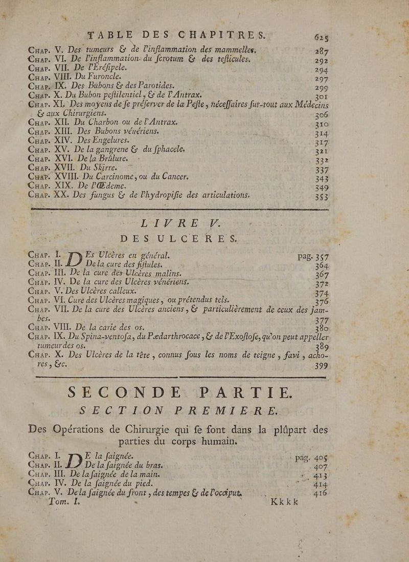 TABLE DES CHAPITRE S. 628 Cuar. V. Des tumeurs &amp; de l'inflammation des mammelles, 287 Cuar. VI. De l’inflammation. du fcrotum € des i hs 292 Cuar. VII. De lEréfipele. 294 Cuar. VIII. Du Furoncle. 297 — Cuar. IX. Des Bübons &amp; des Parotides. 253 Cua». X. Du Bubon peflilentiel , &amp; de P Antrax- OI - €nar. XL Des moyens de fe préferver de la Pefle , SANA fut-iout aux Médeons &amp; aux Chirurgiens. 306 Cuar. XIL Du Charbon ou de l'Antrax. 310 Car. XIII. Des Bubons vénériens. AB Ma 314 Cuar. XIV. Des Engelures. Mat 317 Cuar. XV. De la gangrene &amp; du fphacele. ! 321 Cuar. XVI. Dea Brâlure. : 332 Car. XVIL Du Shjrre. 7: | 337 Cua». XVIIL- Du Carcinome ,ou du Cancer. 343 Cnar. XIX. De lE deme. 349 Caar. XX. Des fungus &amp; de manip? le des mines 353 Le VCRE Vi DES ULCERES. Car. I. ES Dre en général. pag. Cuar. IL D De la cure des fifules s n Cuar. III. De la cure des Ulceres malins. 367 Cnuar. IV. De la cure des Ulcéres vénériens. 372 Cua». V. Des Ulcéres calleux. 374 Cuar. VI. Cure des Ulcères magiques ; ou prétendus tels. 376 Cuar. VII. De la cure des Ulcéres anciens, S particulièrement de ceux des jam- bes. Cua». VIII. De la carie des os. d Cua». IX. Du Spina-ventofa, du Pædarthrocace , &amp; de l'Exoflofe, qu'on a tumeur des os. 38 Cuar. X. Des Ulcères de la tête , connus fous les noms de teigne , fani j m res, Ge, —. 399 SECONDE PARTIE. SCE CT .I.0:N..P.KR.E MI E«R-E. Des Opérations de Chirurgie qui fe font dans la plüpart des parties du corps humain. Cuar. I. E la faignée. | bis, 40 Cua». Il. D De ace du bras. | : i e. Cua. III. De la faignée de la main. *o 413 Cuar. IV. De la faignée du pied. HO SRE Tom. ji Kkkk m