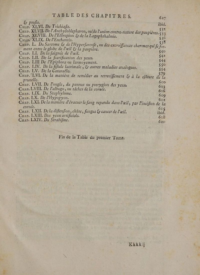 & ptofis. ibid. CE XLVI. Du Trichiafis. [e Cuar. XLVII. De l’Anchyloblepharon, oulde l'union contre-nature des paupiéres. $33 Cuar. XLVIIL De PE&ropion & de la Lagophthalmie. $36 Cuar. XLIX. De PEnchantis. v2 Cuar. L. Du Sarcome & de 'Hyperfarcofe , ou des excroiffances charnues qui fe for. ment entre le globe de l'œil €& la paupière. $40 Cnuar. LI. De la faignée de l'ail. Cuar. LIL De la fcarification des yeux. 2p Cuar. LIII De PEpiphora ou larmoyement. «50 Cnar. LIV. De la fiflule lacrimale , & autres maladies analogues. $44 Cuar. LV. De la Cataracte. (79 Car. LVL De la manière de remédier au retrecifflement & à la clôture de la prunelle. Po Cuar. LVII. De longle, du pannus ou pterygion des yeux. dti. Cuar. LVIIL De l'albugo , ou tâches de la cornée. Pup. Cuar. LIX. Du Staphylome. 34 Cuar. LX. De l'Hypopyon. s Ciar. LXI. De la manière d'évacuer le fang repandu dans l'œil, par l'incifion de la cornée. 6: Cuar. LXII. De la diflenfion, châte, fungus & cancer de l'oeil, ibi ?i Cuar. LXIIT. Des yeux artificiels. AULAS Car. LXIV. Du Strabifme. : 620 Fin de la Table du premier Tome. Kkkk ij