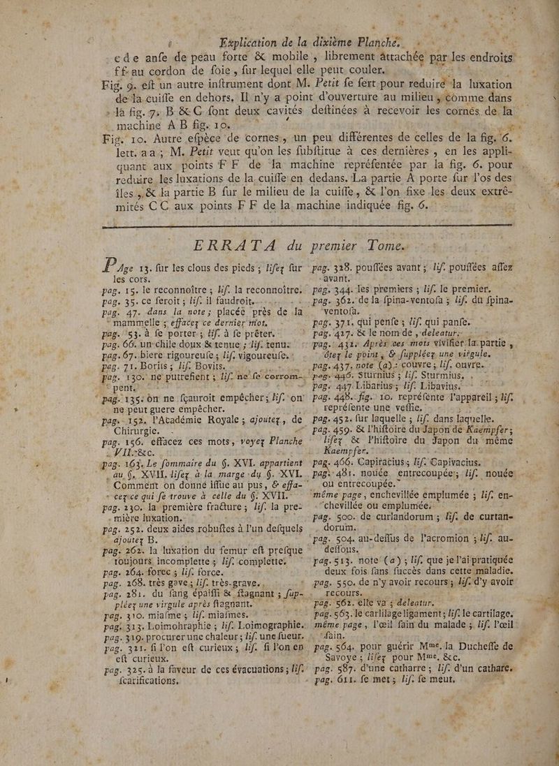 B it Re P T * machine A B fig. 10. ERRATA du P3 13. für les clous des pieds ; lifeg fur les. Cors. i 15. le reconnoître ; if. la reconnoitre; C35 CE ferolt APTE il faudroit.... mammelle ; effacez ce dernier mor, pag. 53. à fe. porter; Hf. à fe prêter. : pag. 66..un: chile doux & tenue ; if. tenu: pag. 67. biere rigoureufe; lif. vigoureufe. : peg. 71. Borits ; lif. Bovits. * pent. ne peut guere empêcher. Chirurgie. pag. 156. effacez ces mots, voyez Planche . V IL-&c. pag. 163. Le fommaire du $. XVI. appartient , au (. XVIL, Jifez à la marge :du 6. XVI. + cezice qui fe trouve à celle du $. XVII: . mière luxation. pog. 252. deux aides robufes à à l'un defquels . ajouts B. — pag. 262. la luxation du femur eft prefque toujours. incomplette ; if. complette, ' pag. 264. forec 5 lif. force. pag. 168. très gave, lif. très-grave., pag. 281. du fang 'épaiffi & pléez une virgule après fiagnant. peg. 310. miaíme ; lif. miafmes. pag: 313. Loimohraphie ; lif. Ins pag: 319. procurer une chaleur ; lif. une fueur. pag. 321. fi l'on eft curieux; Lf. fi l'on en eft curieux. fcarifications, premier . Tome. pag. 328. pouflées avant ; “avant. pag. 344. les premiers ; lif. le premier. lif. pouffées affez ventofa. |. pag. 371. qui penfe ; dif. qui pánfe; teg le point, & fuppléeg une virgule. peg. 446. Sturnius ; lif. Sturmius. Ù pags 447 Libarius; lif. Libavius. pag. 448.: fig. 10. ‘repréfénte l'appareil ; . repréfente une veflie. pag. 452. für laquelle ; lif dans laquelle. pag. 459. & l'hiftoire du Japon de Kaémpfer ; Kaempfer.^ pag. 466: Capiracius ; lif. Capivacius. ou entrecoupée. chevillée ou emplumée.- pag. 5oo. de curlandorum ; dorum. ,: pag. 504. au-deffus de l'acromion ; if. deffous. pag. 513. note (a); lif. que je l'ai pratiquée deux fois fans füccés dans cette maladie. pag. 550. de n’y avoir recours!; 5 lif. d'y avoit recours. pag. 562. elle va ; DATES pag. 563.1e carlilage ligament; lif. le cartilage. méme page, l'oeil fain du malade ;. lif. l'œil 'fain. pag.564. pour guérir Mme, Ia Ducheffe de Savoye ; lifeg pour Mme, &c. pag. 587. d'une catharre; lif. d'un 2t lif. de curtan- -au- hi p