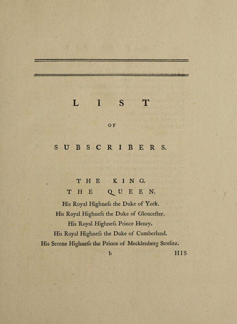 . — LIST OF SUBSCRIBERS. THE KING. % THE Q^UEEN. His Royal Highnefs the Duke of York. His Royal Highnefs the Duke of Gloucefter. His Royal Highnefs Prince Henry. His Royal Highnefs the Duke of Cumberland. His Serene Highnefs the Prince of Mecklenberg Strelitz. b HIS