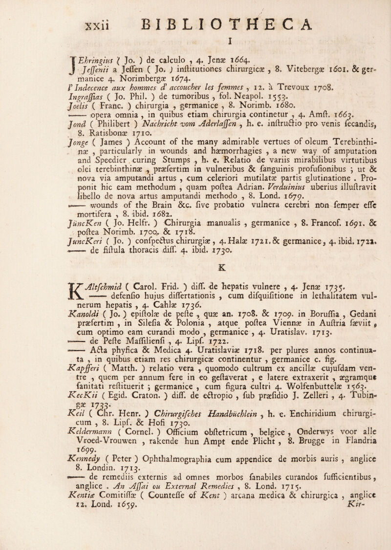 I JEhringius '( Jo. ) de calculo ? 4. Jenas 1664, J e (feni i a Jeffen ( Jo. ) indit-utiones chirurgica* , 8, Vitebergas idoi, & ger- manice 4, Norimbergae 1674. T Indecencs aux hommes cT accoucher les femmes , 12. a Trevoux 1708« Ingraffias ( Jo. Phil. ) de tumoribus , fol. Neapol. 1554. Joel.is ( Franc. ) chirurgia , germanice ? 8. Norimb. 1680. -- opera omnia , in quibus etiam chirurgia continetur , 4. Amd. 166g, Jond ( Philibert ) Nachricbt vom Aderlaffen , h, e. indruflio pro venis fecandi$? 8. Ratisbonas 1710. Jonge ( James ) Account of the many admirable vertues of oleum Terebinthi¬ na 9 particularly in wounds and hsemorrhagies 3 a new way of amputation and Speedier curing Stumps j h. e. Relatio de variis mirabilibus virtutibus olei terebinthinae , pradertim in vulneribus & fanguinis profufionibus ; ut & nova via amputandi artus , cum celeriori mutilata partis glutinatione . Pro¬ ponit hic eam methodum , quam podea Adrian. Verduinius uberius illuflravit libello de nova artus amputandi methodo , 8. Lond. 1679. wounds of the Brain &c. live probatio vulnera cerebri non femper effe mortifera , 8. ibid. 1682,. JiincKen ( Jo, Helfr. ) Chirurgia manualis , germanice , 8. Francof. i6pi. ik podea Norimb. 170Q. & 1718. JuncKeri ( Jo. ) confpe&us chirurgiae, 4. Halas 1721, & germanice, 4. ibid* 1721. —• de Mula thoracis diff, 4, ibide 1730. K KAltfchmid ( Caroh Frid. ) diff. de hepatis vulnere 9 4. Jenas 1735» — defendo hujus differtationis , cum difquidtione in lethalitatem vul¬ nerum hepatis , 4. Cahlae 1736. Kanoldi ( Jo.) epifiolre de pellequse an. 1708. & 1709. in Borufha 5 Gedani prasfertim , in Sileda & Polonia 5 atque podea Viennas in Auflria faeviit 9 cum optimo eam curandi modo , germanice , 4. Uratislav. 1713« — de Pede Maffiliend4. Lipf. 1722. —■ A61a phyfica & Medica 4. Uratislaviae 1718. per plures annos continua¬ ta , in quibus etiam res chirurgicas continentur j germanice c. dg. Kapffert ( Matth. ) relatio vera , quomodo cultrum ex ancilla* cujufdam ven¬ tre , quem per annum fere in eo gedaverat , e latere extraxerit ^ asgramqut fanitati redituerit ; germanice , cum figura cultri 4. Wolfenbuttelas 1563. KecKii ( Egid. Craton. ) diff. de e£lropio , fub prasfidio J. Zelleri , 4. Tubin* '733- Keii ( Ghr. Henr. ) Chirurgifches Handbuchlein 3 h. e. Enchiridium chirurgi¬ cum 5 8. Lipf. & Hofi 1730, Keldermann ( Cornei. ) Officium ©bdetricum , belgice , Onderwys voor alie Vmed-Vrouwen , rakende hun Ampt ende Plicht , 8. Brugge in Flandria 1699. Kennedy ( Peter ) Ophthalmographia cum appendice de morbis auris 5 anglice 8. Londin. 1713. *-• de remediis externis ad omnes morbos fanabiles curandos fufhcientibus , anglice An Affai ou External Remedies , 8. Lond. 1715. Kenti<e Comitiflfas ( Counteffe ©f Kcnt ) arcana medica & chirurgica , anglice 11. Lond, 1659, K/Y-