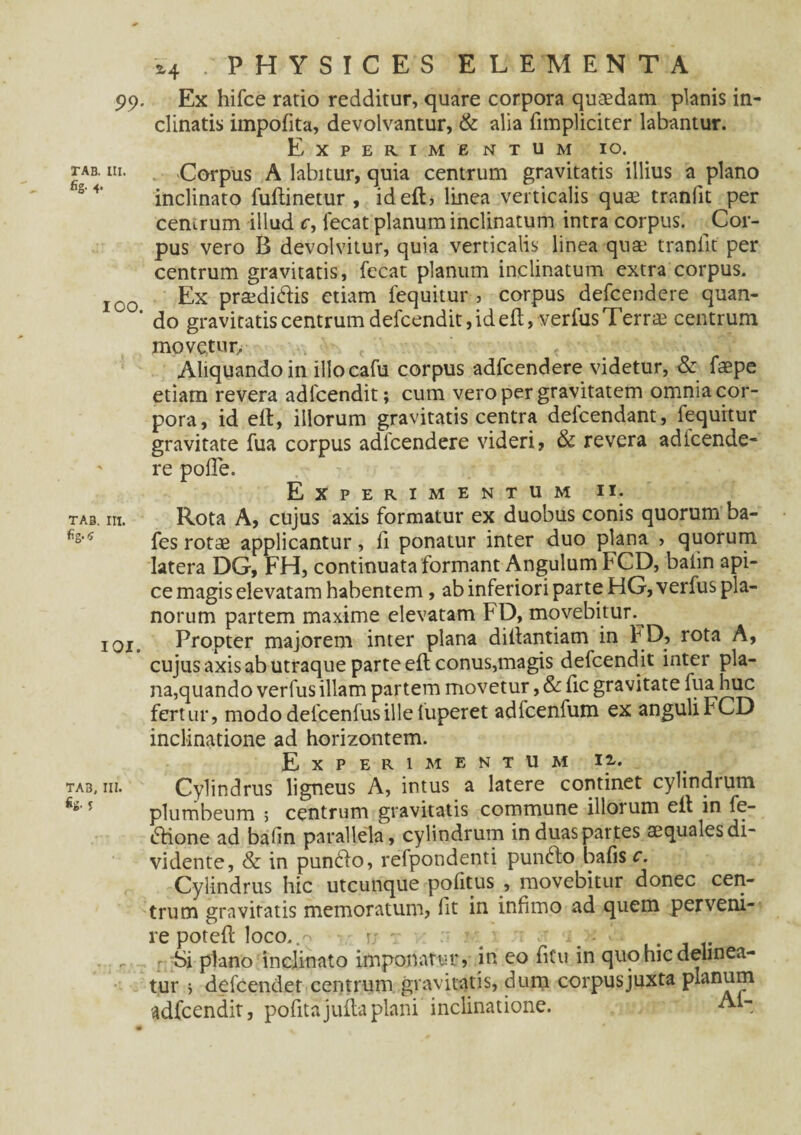 Ex hifce rado redditur, quare corpora quaedam planis in¬ clinatis impofita, devolvantur, & alia (impliciter labantur. Experimentum io. Corpus A labitur, quia centrum gravitatis illius a plano inclinato fulti netur , id eft, linea verticalis quae tranlit per centrum illud c, fecat planum inclinatum intra corpus. Cor¬ pus vero B devolvitur, quia verticalis linea quae tranlit per centrum gravitatis, fecat planum inclinatum extra corpus. Ex prsedidtis etiam fequitur , corpus defcendere quan¬ do gravitatis centrum defcendit, ideft, verius Terrae centrum movetur. Aliquando in illocafu corpus adfcendere videtur, & faepe etiam revera adfcendit; cum vero per gravitatem omnia cor¬ pora, id eft, illorum gravitatis centra defcendant, fequitur gravitate fua corpus adfcendere videri, & revera adfcende- re polle. Experimentum ii. Rota A, cujus axis formatur ex duobus conis quorum ba- fes rotae applicantur, li ponatur inter duo plana , quorum latera DG, FH, continuata formant Angulum FCD, baiin api¬ ce magis elevatam habentem, ab inferiori parte HG, verfus pla¬ norum partem maxime elevatam FD, movebitur.^ Propter majorem inter plana dillantiam in bD, rota A, cujus axis ab utraque parte eft conus,magis defcendit inter pla¬ na,quando verfus illam partem movetur, & lic gravitate fua huc fertur, modo delcenfus ille luperet adfcenfum ex anguli FCD inclinatione ad horizontem. Experimentum 12,. Cylindrus ligneus A, intus a latere continet cylindrum plumbeum ; centrum gravitatis commune illorum elt in fe- (ftione ad baiin parallela, cylindrum in duas partes aequales di¬ vidente, & in pun6to, refpondenti punfto bafis c. Cylindrus hic utcunque pofitus , movebitur donec cen¬ trum gravitatis memoratum, lit in infimo ad quem perveni¬ re poteft loco..o r/ r ' / - ^ ' Si plano inclinato imponatur, in eo fiCu in quo hic delinea¬ tur 5 defcendet centrum gravitatis, dum corpus juxta planum adfcendit, pofitajuftaplani inclinatione. AI-