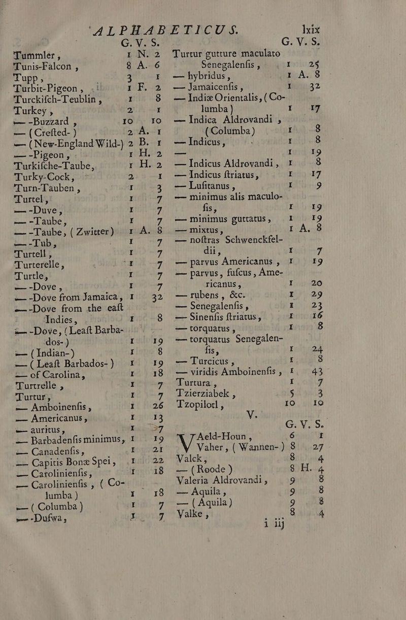 Tummler , r N. 2 Tunis-Falcon , 8 À. 6 Tupp, 3 I Turbit-Pigeon, .: pF. Turckifch-T'eublin , I 8 Turkey , 2 I E -Puzzard , IO IO — (Crefted- ) 2 À. I — (New-England Wild-) 2 B. r — -Pigeon, :H.2 Turkifche-Taube, I H. 2 Turky-Cock, 2 I Turn-Tauben , I 3 Turtel, I 7 — -Duve, I 7 — - Taube, I 7 — -Taube, (Zwitter) x À. 8 —-Tub, TE 7 Turtell , I 7 Turterelle, UI 7 Turtle, I 7 — -Dove , I 7 — -Dove from Jamaica, 1 32 —-Dove from the eaft Indies, I 8 — -Dove,(LeaftBarba- |. dos- ) I I9 — (Indian-) I 8 — ( Leaft Barbados-) 1 179 — of Carolina, I 18 TTurtrelle , I 7 Turtur , I 7 — Amboinenfis , ET 126 — Americanus , LPS = auritus , TENTE. — Barbadenfis minimus, 1 — I9 — Canadenfis, nous Qt — Capitis BongSpei, 1 22 — Carolinienfis, I 18 — Carolinienfis , ( Co- ]umba ) I 50 18 —(Columba) . I 7 —-Dufwa,; 1 7 lxix Turtur gutture maculato | Senegalenfis , I 23 — hybridus, 1 À. 8 — Jamaicenfis, I 2 — Indiæ Orientalis, ( Co- lumba ) r /H — Indica Aldrovandi , ( Columba) I 8 — Indicus, - I 8 — I I9 — Indicus Aldrovandi, 1 8 — Indicus ftriatus, Ini) 7 — Lufitanus , I 9 — minimus alis maculo- fis, I 19 — minimus guttatus, — I I9 — mixtus, 1 À. 8 — noftras Schwenckfel- dii, I 7 — parvus Ámericanus , I 19 — parvus , fufcus , Ame- ricanus, Fer 20 — rubens, &amp;c. 15-29 — Senegalenfis , 1022 — Sinenfis ftriatus , Io 16 — torquatus , I 8 — torquatus Senegalen- fis, I 24 — Turcicus, H — viridis Amboinenfis , 1€. 43 Turtura , I 7 Tzierziabek , $ 3 Tzopilotl , IO IQ G. V, S. Aeld-Houn , 6 1 Vaher, ( Wannen-) 8 | 27 Valck, 8 4 — ( Roode ) 8 H. 4 Valeria Aldrovandi ; 9 8 — Aquila , 9 8 — ( Aquila) 9 8 Valke , 8 4 i li