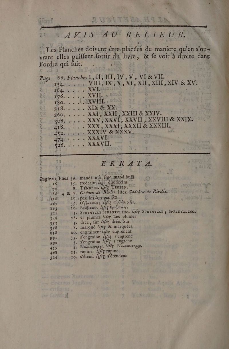 ET ^ FP : EE Eo AM t* = — THU: $ [d | ^a eo X ) © j » ^. - = 4 . W ;. Les Planches doivent être.placées de maniere qu'en s’ou« vrant elles puiffent fortir du livre, & fe voir à droite dans Fordre qui fuit. . JO OW 409 % Page 66. Planches I,IT, HT, IV, V, VI& VII. QU IS Atonntar VIIL, IX, X , XI , XII, XIII, XIV & XV. : 1544-5. P : ume bg de6.-. LEX VIL! : RH 150... A:8X TEIL 6698 438... . . XIX XX: «4 I 260. .. . . XX4S XXII , XXIII & XXIV. 396. -. . « XXV , XXVI, XXVII , XXVIII & XXIX. 7. MADE XXX , XXXI; XXXII & XXXIII. 452. . . .. XXXIV & XXXV. À. ATA. «o. XXXVE ' S. i sx dle e | ec C. An ERRAT A. +, Pagina 3 Linea 36. mandi ulà /ege mandibulà * sé 35. tredecim ge duodecim , — |; 79 8. TfNBEIN. fev TEUBIN. Tu bin $6. 4 & 7. Godheu.de. Rivier-lifez Godeheu de Riyülle. À. AI 20. , pex. fes pra (x £L 167 3$. O'fleouxes 5. lifeg Opléuxiss. 183 20. Epuboræcs. Life EpoCraos 312 + SPRINTZLE SPRINTZLING. //féq SPRINTZLE ; SPRINTZLING. 348 28. es plumes Z/fez Les plumes 353 3. drée, fur /i/éz drée. Sur 358 8. marqué /ifez & marquées 358 20. engrainent //fegz engrenent 891 35. s'engraine ZZ/eg s'engrene 392 3. s'engraine /i/éz s'engrene 459 4. ExAoxorepos. Lifèz | E Awxortggse 468 13. rapines //é7 rapine 516 Io. s'étend /ifez s'étendent