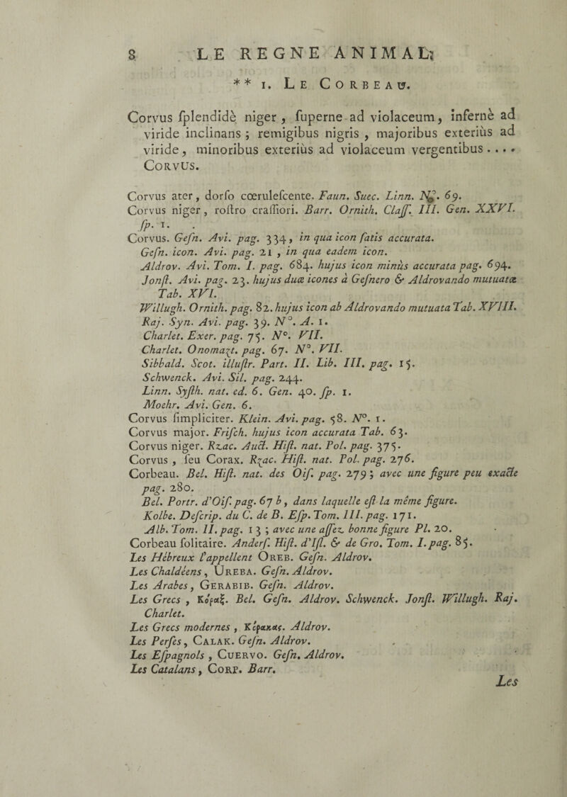 * * i. Le Corbeau. Corvus fplendidè niger , fuperne ad violaceum, infernè ad viride inclinans ; remigibus nigris , majoribus exteriiis ad viride, minoribus exterius ad violaceum vergentibus.... Corvus. Corvus ater, dorfo coerulefcente. Faun. Suec. Linn. N^. 69. Corvus niger, roltro craffiori. Barr. Ornith. ClajJ.\ III. Gen. XXVI. fP' T- Corvus. Gefn. Avi. pag. 3 34 9 in qua icon falis accurata. Gcfn. icon. Avi. pag. 21 , in qua eadem icon. Aldrov. Avi. Tom. I. pag. 684. hujus icon miniis accurata pag. 694* Jonjl. Avi. pag. 23. hujus duæ icones à Gefnero & Aldrovando mutuatœ. Tab. XVI. Willugh. Ornith. pag. 82. hujus icon ab Aldrovando mutuata F ab. XVIII. Raj. Syn. Avi. pag. ^9. NJ. A. 1. Charlet. Exer. pag. 75. N°. VII. Charlet. Onoma^t. pag. 67. N°. VII. Sibbald. Scot. illufir. Part. II. Lib. III. pag. 15. Schwenck. Avi. Sil. pag. 244. Linn. Syjlh. nat. ed. 6. Gen. 40. fp. 1. Moehr. Avi. Gen. 6. Corvus fimpliciter. Klein. Avi. pag. 58. AT°. r. Corvus major. Frifch. hujus icon accurata Tab. 63. Corvus niger. Rz.ac. Aucl. Hijl. nat. Pol. pag. 375. Corvus , feu Corax. Rqac. Hijl. nat. Pol. pag. 2j6. Corbeau. Bel. Hijl. nat. des Oif. pag. 279 ; avec une figure peu exacte pag. 280. Bel. Portr. d'Oif. pag. 6j b t dans laquelle ejl la même figure. Kolbe. Defcrip. du C. de B. Efp. Tom. III. pag. ljl. Alb. Tom. II. pag. 1 3 ; avec une ajfez* bonne figure PI. 20. Corbeau folitaire. Anderf. Hijl. d'Ifl. & de Gro. Tom. I.pug. 85. Les Hébreux Cappellent Oreb. Gefn. Aldrov. Les Chaldéens, Ureba. Gefn. Aldrov. Les Arabes, Gerabib. Gefn. Aldrov. Les Grecs , Ko'f«£. Bel. Gefn. Aldrov. Schwenck. Jonfi. IVillugh. Raj. Charlet. Les Grecs modernes , Kcfcotas. Aldrov. Les Perfes, Calak. Gejh. Aldrov. Les Efpagnols , Cuervo. Gefn. Aldrov. Les Catalans, Corv, Barr. Les