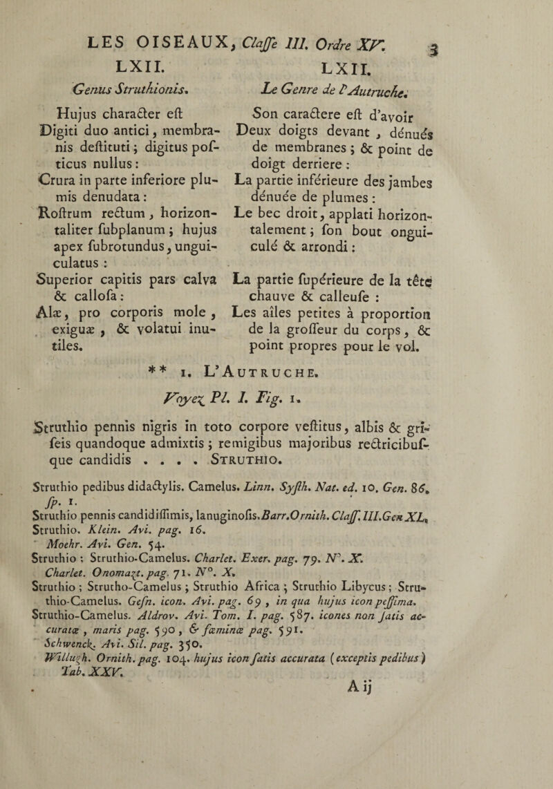 3 LXII. LXII. Le Genre de P Autruche. Genus Struthionis. Hujus character eft Digiti duo antici, membra¬ nis deftituti ; digitus pof- ticus nullus : Crura in parte inferiore plu¬ mis denudata : Roftrum retium, horizon- taliter fubplanum ; hujus apex fubrotundus, ungui- culatus : Superior capitis pars calva & callofa : Alæ, pro corporis mole , exiguæ , ôc volatui inu¬ tiles. Son caraôlere eft d’avoir Deux doigts devant , dénués de membranes ; ôc point de doigt derrière : La partie inférieure des jambes dénuée de plumes : Le bec droit, applati horizon¬ talement ; fon bout ongui¬ culé ôc arrondi : La partie fupérieure de la têtç chauve ôc calleufe : Les ailes petites à proportion de la grolfeur du corps, ôc point propres pour le vol. * * i. L’Autruche, Voye\ PI. I. Fig. u Struthio pennis nigris in toto corpore veftitus, albis ôc grî- feis quandoque admixtis ; remigibus majoribus redtricibuf- que candidis .... Struthio. Struthio pedibus dida&ylis. Camelus. Linit. Syfih, Nat. ed. io. Gcn. 86. dp- 5* Struthio pennis candidiflimis, lanuginofis.Barr.Ornith. Claff.lll.Gcn XL* Struthio. Klein. Avi. pag, 16. Moehr. Avi. G en. 54* Struthio ; Struthio-Camelus. Charlet. Exer. pag. 79. Ns. X. Charlet. Onoma^t. pag. 71, N°. X. Struthio ; Strutho-Camelus ; Struthio Africa \ Struthio Libycus; Stru¬ thio-Camelus. Gefn. icon. Avi. pag. 69 , in qua hujus icon pejjlma. Struthio-Camelus. Aldrov. Avi■ Tom. I. pag. 587. icones non Jutis ac¬ curatae , maris pag. $^0, & fcemince pag. Schwenck. Avi. Sil. pag. 35°* Willufh. Ornith. pag. 104. hujus icon fatis accurata (exceptis pedibus) 'Eab. XXV.