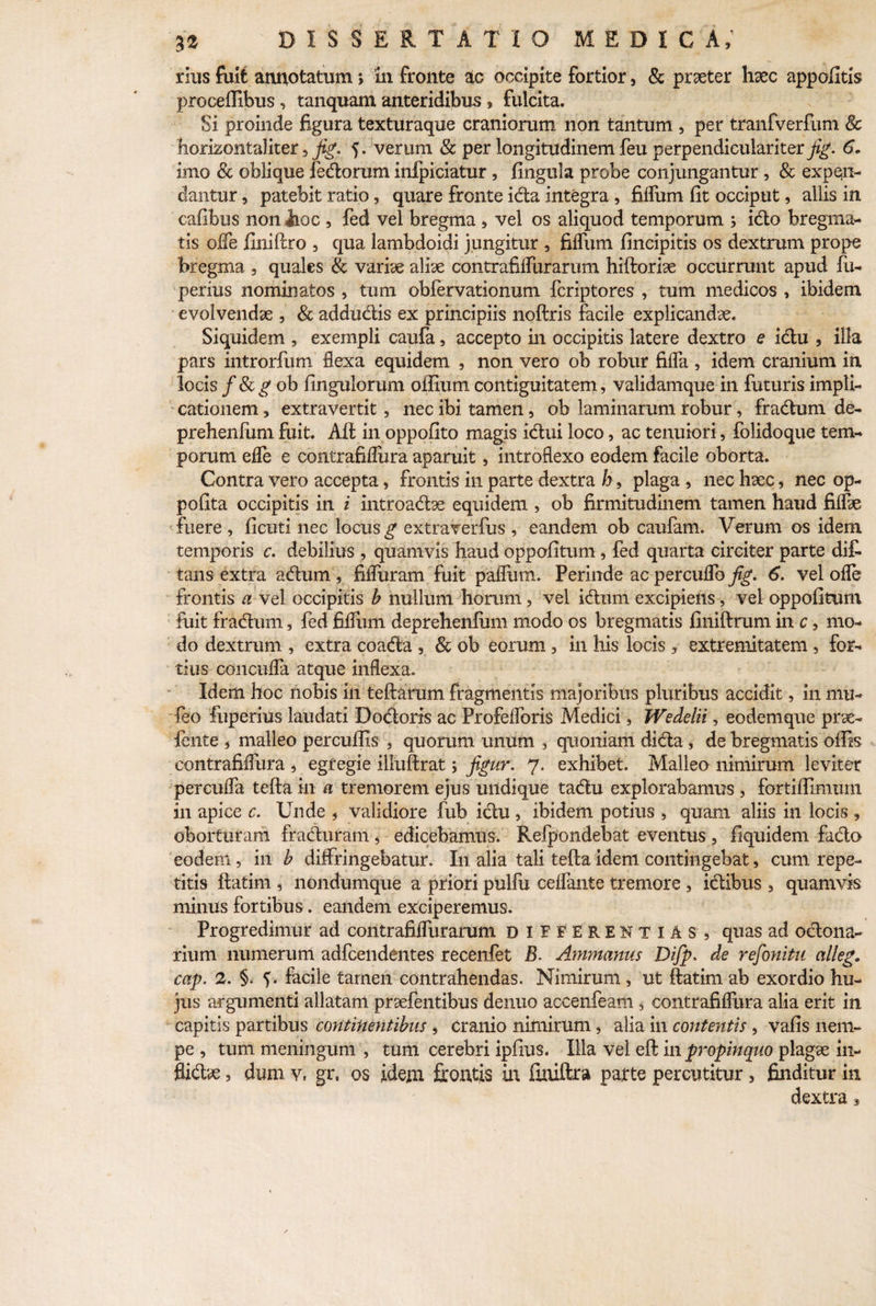 rius fuit annotatum > in fronte ac occipite fortior, & praeter haec appofitis proceffibus , tanquam anteridibus , fulcita. Si proinde figura texturaque craniorum non tantum., per tranfverfum & homontaKter , jig. 5. verum & per longitudinem feu perpendiculariter^. 6, imo & oblique fedorum inipiciatur, fingula probe conjungantur, & expen¬ dantur , patebit ratio, quare fronte icta integra , fidum lit occiput, aliis in cafibus non jaoc , fed vel bregma , vel os aliquod temporum ; ido bregma¬ tis offe finiftro , qua lambdoidi jungitur , fidum fincipitis os dextrum prope bregma , quales & variae aliae contrafidiirarum hiftoriae occurrunt apud fu- perius nominatos , tum obfervationutn fcriptores , tum medicos , ibidem evolvendae , & addudis ex principiis noftris facile explicandae. Siquidem , exempli caufa, accepto in occipitis latere dextro e idu , illa pars introrfum dexa equidem , non vero ob robur fida , idem cranium in locis f Se g ob fingulorum ofiium contiguitatem, validamque in futuris impli¬ cationem , extravertit , nec ibi tamen, ob laminarum robur, fradum de- prehenfum fuit. Alt in oppofito magis idui loco, ac tenuiori, folidoque tem¬ porum ede e contrafidura aparuit, introflexo eodem facile oborta. Contra vero accepta, frontis in parte dextra h, plaga , nec haec, nec op- pofita occipitis in i introadae equidem , ob firmitudinem tamen haud fidae fuere , fi cuti nec locus g extraverfus , eandem ob caufam. Verum os idem temporis c. debilius , quamvis haud oppofitum , fed quarta circiter parte dif- tans extra adum , fiduram fuit padiim. Perinde ac percudo jig. 6. vel ode frontis a vel occipitis b nullum horum , vel idum excipiens, vel oppofitum fuit fradum , fed fidum deprehenfum modo os bregmatis finiftram in c, mo¬ do dextrum , extra coada , & ob eorum , in his locis , extremitatem, for¬ tius-concufla atque indexa. Idem hoc nobis in teftarum fragmentis majoribus pluribus accidit, in mu- feo fuperius laudati Dodoris ac Profedoris Medici, Wedelii, eodemque prae- fente , malleo percufiis , quorum unum , quoniam dida, de bregmatis offis contrafidura * egfegie illuftrat; figur. 7. exhibet. Malleo nimirum leviter percuda teffa in a tremorem ejus undique tadu explorabamus , fortiffimum in apice c. Unde , validiore fub idu , ibidem potius , quam aliis in locis , oborturam fraduram , edicebamus. Refpondebat eventus , fiquidem fado eodem, iil b diffringebatur. I11 alia tali tefta idem contingebat, cum repe¬ titis flatim , nondumque a priori pulfu cedante tremore , idibus , quamvis minus fortibus. eandem exciperemus. Progredimur ad contrafidiirarum differentias, quas ad odona- rium numerum adfcendentes recenfet B. Animemus Difp. de refonitu alleg. cap. 2. §. facile tamen contrahendas. Nimirum, ut ftatim ab exordio hu¬ jus argumenti allatam praefentibus denuo accenfeam, contrafiffura alia erit in capitis partibus continentibus, cranio nimirum, alia in contentis , vafis nem¬ pe , tum meningum , tum cerebri ipfius. Illa vel eft in propinquo plagae 111- flidae, dum v. gr, os idem frontis in finiftra parte percutitur, finditur in dextra *