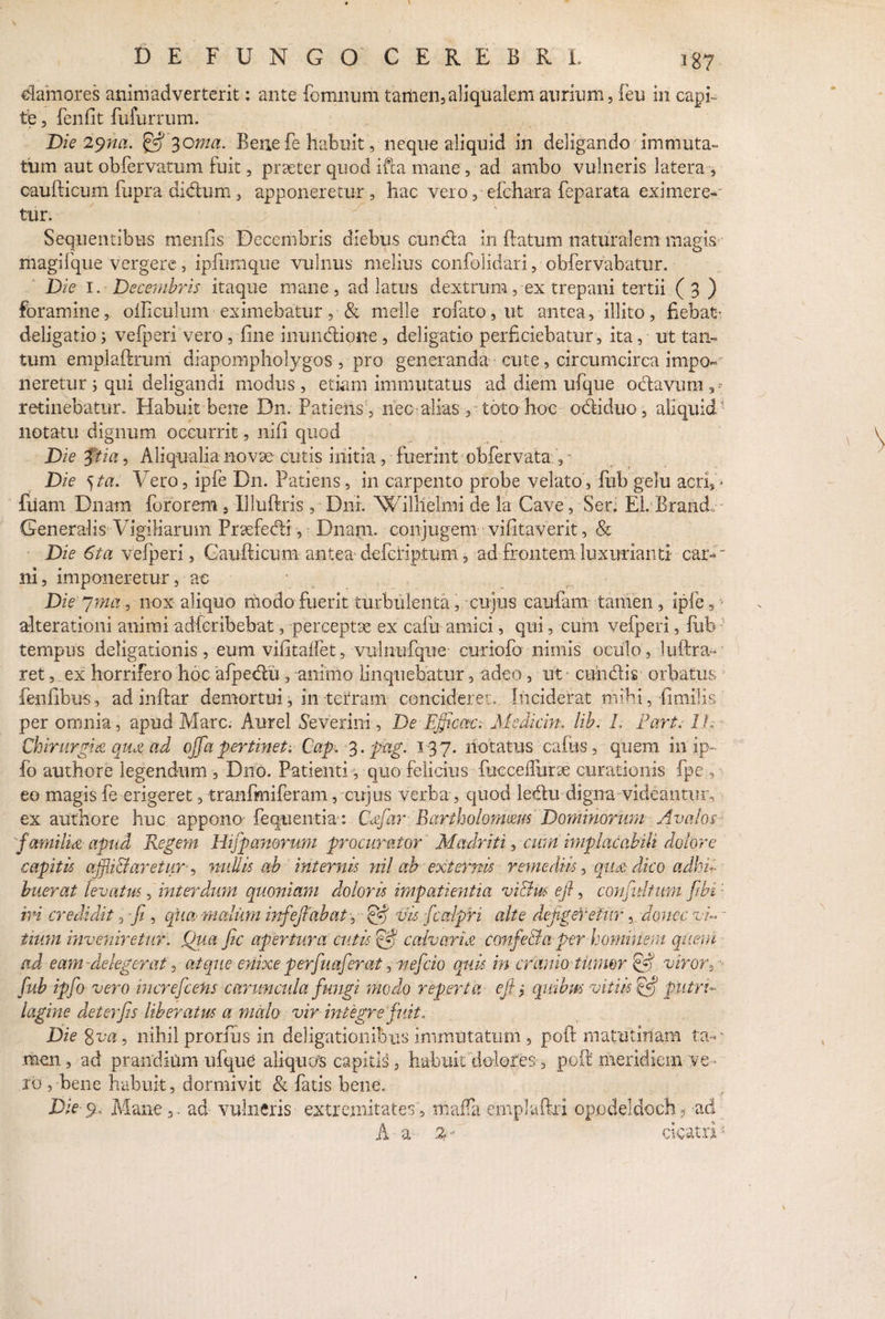 damores animadverterit: ante fomnum tamen, aliqualem aurium 5 feii in capi¬ te , fenfit fufurrum. Die 2$na. £5? 3 oma. Bene fe habuit, neque aliquid in deligando immuta¬ tum aut obfervatum fuit, prseter quod ifca mane, ad ambo vulneris latera , caudicum fupra didum, apponeretur, hac vero, efchara feparata eximere-' tur. Sequentibus menfis Decembris diebus cundia in datum naturalem magis magifque vergere, ipfumque vulnus melius confolidari, obfervabatur. Die 1. Decembris itaque mane, ad latus dextrum, ex trepani tertii (3 ) foramine, olEculum eximebatur, & meile rofato, ut antea, illito, fiebat* deligatio; vefperi vero, fine inundione , deligatio perficiebatur , ita, ut tan¬ tum emplaftrum diapompholygos , pro generanda cute, circumcirca impo¬ neretur ; qui deligandi modus, etiam immutatus ad diem ufque odavura retinebatur. Habuit bene Dn. Patienst, nec alias , toto hoc odiduo , aliquid' notatu dignum, occurrit, nifi quod Die ftia, Aliqualia novae cutis initia, fuerint obfervata , • Die <)ta. Vero, ipfe B11. Patiens, in carpento probe velato , fub gelu acri,> fiiam Dnam foro rem 3 Illuftris , Dni. Willielmi de la Cave, Seri EI. Brand, Generalis Vigiliarum Prsefedi, Dnapi. conjugem vifitaverit, & Die 6ta vefperi, Caudicum antea defcriptum, ad frontem luxurianti car-~ ni, imponeretur, ac • Die 7ma, nox aliquo modo fuerit turbulenta, cujus cauiam tamen , iple,' alterationi animi adfcribebat, perceptae ex cafu amici, qui, cum vefperi, fub tempus deligationis, eum vifitaffet, vulnufque curiofo nimis oculo, luftru- ret ,_ex horrifero hoc afpedu , animo linquebatur, adeo, ut* eundis orbatus fenfibus, adindar demortui, in terram concideret. Inciderat mihi, fimilis per omnia, apud Mare. Aurei Severim , De Effle ac . Mediem. lib. L Fart, 1L Chirurgia qua ad offa pertinet; Cap. 3. pag. 137. notatus cadis, quem in ip- fo authore legendum , Dno. Patienti , quo felicius fueceffiirte curationis fpe , eo magis fe erigeret, trandniferam, cujus verba, quod ledu digna videantur, ex authore huc appono fequentia: Cafiar Bartholomms Dominorum Avalos familia- apud Regem Hifpanorum procurator Madlriti, cum implacabili dolore capitis afflictaretur-, nullis ab internis nil ah externis remediis, qua- dico adhli¬ buerat levatus 5 interdum quoniam doloris impatientia viBusefi, confit!tum fibi' ivi credidit, fi , qua malum infiefiabat, & vis ficalpri alte defigeretur, donec vi» ~ tium inveniretur. Qua fic apertura cutis calvaria canfeBa per hominem quem ad eam -delegerat, atque enixe perfiuafierat, neficio quis, in cranio tUmor ifflj viror3 fub ipfio vero increficens caruncula fungi modo reperta ejfi quibus vitiis & putri-- lagine deterfiis liberatus, a malo vir integre finito Die gva, nihil prorfus in deligationibus immutatum , pod matutinam ta- - men , ad prandium ufque aliquos capitis, habuit dolores, pod: meridiem ve ■ ro , bene habuit, dormivit & fatis bene. , r Die-% Mane ad vulneris extremitates , maffa emplaftri opodeldoch ? ad A a %* deatri-