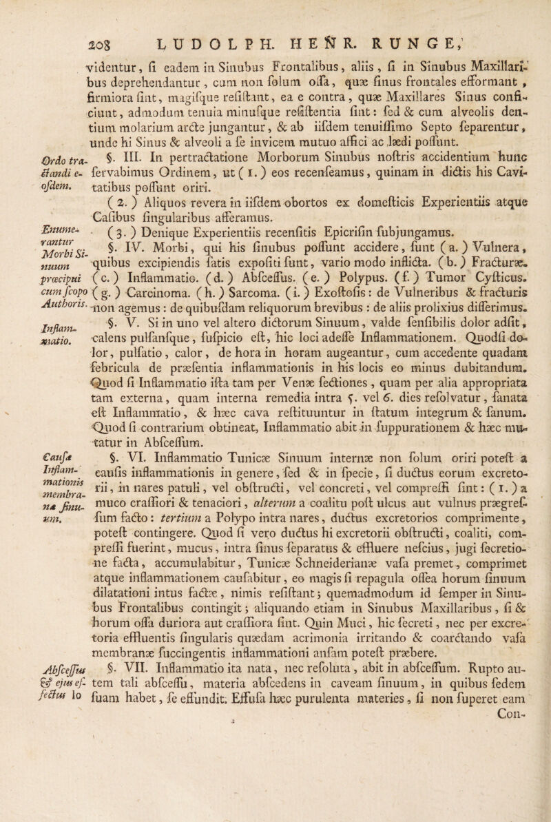 Inflanu motio. videntur, fi eadem in Sinubus Frontalibus, aliis , fi in Sinubus Maxillari¬ bus deprehendantur , cum non folum oifa, quae finus froncales efformant » firmiora fint, magifque refiftant, ea e contra, quae Maxillares Sinus confi¬ ciunt, admodum tenuia minufque refiftencia fint: fed & cum alveolis den¬ tium molarium arde jungantur , & ab iifdem tenuiffimo Septo feparentur, unde hi Sinus & alveoli a fe invicem mutuo affici ac,laedi poflimt. Ordo tra- §• HI. In pertractatione Morborum Sinubus noftris accidentium hunc Hiandi e- fervabimus Ordinem, ut ( i.) eos reeeiifeamus, quinam in didis his Cavi- ofdem, tatibus poffunt oriri. ( %. ) Aliquos revera in iifdem obortos ex domefticis Experientiis atque Cafibus fingularibus afferamus. Enume- ( 3.) Denique Experientiis recenfitis Epicrifin fubjungamus. VMorbi Si f' ’ qni his finubus poffunt accidere, funt (a.) Vulnera, mium quibus excipiendis fatis expofiti funt, vario modo inflida. ( b.) Fradurae. prcecipni ( c.) Inflammatio, (d.) Abfceffus. (e.) Polypus. (£) Tumor Cyfticus. cumfcopo ( g„ ) Carcinoma, (h. ) Sarcoma, (i.) Exoftofis: de Vulneribus &fraduris Authoris. llon agemus : de quibufdam reliquorum brevibus : de aliis prolixius differimus. §. V. Si in uno vel altero didorum Sinuum , valde fenfibilis dolor adfit, calens pulfanfque, fufpicio eft, hic lociadeffe Inflammationem. Quodfi do¬ lor , pulfatio , calor, de hora in horam augeantur, cum accedente quadam febricula de praefentia inflammationis in his locis eo minus dubitandum. Quod fi Inflammatio ifta tara per Venae fediones , quam per alia appropriata tam externa, quam interna remedia intra 5. vel 6. dies refolvatur, fanata oft Inflammatio, & haec cava reftituuntur in (latum integrum & fanum. •Quod fi contrarium obtineat, Inflammatio abit in fuppurationem & haec mu¬ tatur in Abfcefliim. §. VI. Inflammatio Tunicae Sinuum internae non folum oriri poteft a eaufis inflammationis in genere, fed & in fpecie, fi dudus eorum excreto¬ rii , in nares patuli, vel obftrudi, vel concreti, vel compreffi fint: ( 1. ) a muco craffiori & tenaciori, alterum a coalitu poft ulcus aut vulnus praegref Tum fado: tertium a Polypo intra nares, dudus excretorios comprimente, poteft contingere. Quod fi vero dudus hi excretorii obftrudi, coaliti, com¬ preffi fuerint, mucus, intra finus feparatus & effluere nefcius, jugi lecretio- ne fada, accumulabitur. Tunicae Schneiderianae vafa premet, comprimet atque inflammationem caufabitur, eo magis fi repagula offea horum finuum dilatationi intus fadae , nimis refiftant 5 quemadmodum id femper in Sinu- bus Frontalibus contingit; aliquando etiam in Sinubus Maxillaribus, fi& horum offa duriora aut craffiora fint. Quin Muci, hic fecreti, nec per excre¬ toria effluentis fingularis quaedam acrimonia irritando & coardando vafa membranae fuccingentis inflammationi anfam poteft praebere. ,§. VII. Inflammatio ita nata, nec refoluta, abit in abfceffum. Rupto au- ejus ef tem tali abfcelfu, materia abfcedens in caveam finuum, in quibus fedem jcBus Io fuarB habet, fe effundit. Effufa haec purulenta materies, fi non fuperet eam Con- €auf<t Inflam¬ mat iorm membra¬ na finu¬ um. AbfceJJm