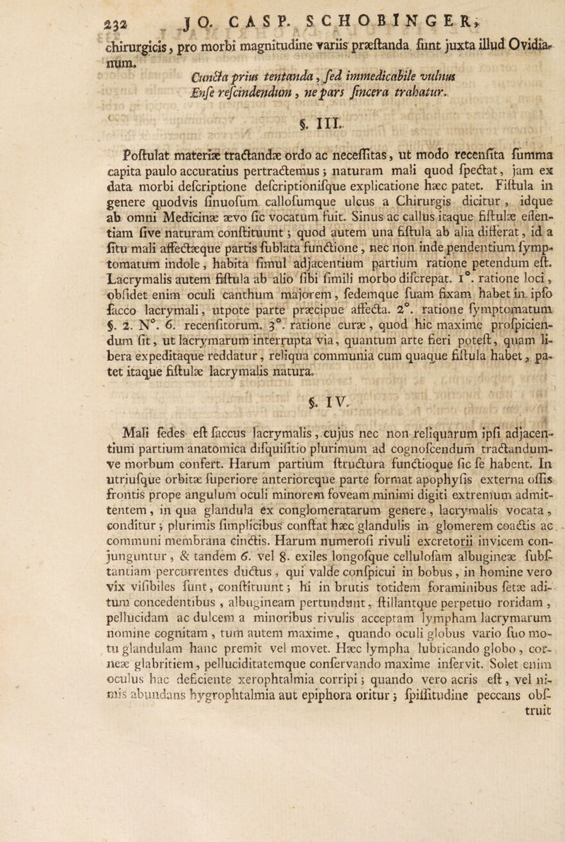 chirurgicis? pro morbi magnitudine variis prseftanda funt juxta illud Ovidia- CunBa prius tentanda 9 fed immedicabile vulnus Enfe rescindendum 9 ne pars fincera trahatur §;iix Poftulat materiae tradandae ordo ac neceflitas, ut modo recenfita fumma capita paulo accuratius pertradenius 9 naturam mali quod fpcdat, jam ex data morbi defcriptione defcriptionifque explicatione haec patet. Fiftula in genere quod vis finuofum callofumque ulcus a Chirurgis dicitur 9 idque ab omni Medicinae aevo fic vocatum fuit. Sinus ac callus itaque fiftulae eilen- tiam five naturam conftituunt > quod autem una fiftula ab alia differat, id a litu mali affedaeque partis fublata fundione, nec non inde pendentium fymp* tornatum indole, habita fimul adjacentium partium ratione petendum efh Lacrymalis autem fiftula ab alio fibi fimili morbo difcrepat. i°. ratione loci * oblidet enim oculi canthum majorem, fedemque fuam fixam habet in. ipfb facco lacrymali, utpote parte praecipue affeda. 2°. ratione fymptomatum §. 2. N°. 6. recenfitorum. 3°. ratione cura;, quod hic maxime profpicien- dum fit , ut lacrymarum interrupta via, quantum arte fieri poteft, quam li¬ bera expeditaque reddatur, reliqua communia cum quaque fiftula habet ? pa¬ tet itaque fiftulse lacrymalis natura. & I V. Mali fedes eftfaccus lacrymalis, cujus nec non reliquarum ipfi adjacen¬ tium partium anatomica difquifitio plurimum ad cognofcendum tradandum- ve morbum confert. Harum partium ftrudura fundioque fic fe habent. In utriufque orbitae fuperiore anterioreque parte format apophyfis externa offis frontis prope angulum oculi minorem foveam minimi digiti extremum admit¬ tentem , in qua glandula ex conglomeratarum genere, lacrymalis vocata, conditur ; plurimis fimplicibus conflat haec glandulis in glomerem coadis ac communi membrana cindis. Harum numerofi rivuli excretorii invicem con¬ junguntur 5 & tandem 6. Vel 8- exiles longofque cellulofam albugineae fubfi tantiam percurrentes dudus , qui valde conipicui in bobus , in homine vero vix vifibiles funt, conftituunt j hi in brutis totidem foraminibus fetae adi¬ tum concedentibus , albugineam pertundunt, ftillantque perpetuo roridam , pellucidam ac dulcem a minoribus rivulis acceptam lympham lacrymarum nomine cognitam , tum autem maxime, quando oculi globus vario fuomo¬ tu glandulam hanc premit vel movet. Haec lympha lubricando globo, cor¬ neae glabritiem, pelluciditatemque confervando maxime infervit. Solet enim oculus hac deficiente xerophtalmia corripi; quando vero acris eft, vel ni¬ mis abundans bygroplitalmia aut epiphora oritur j fpiffitudine peccans obf- truit