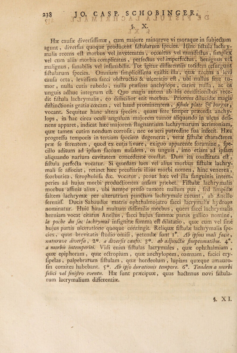 C' ■■ 3 Se X, Hae caufae diverfiffimae * cum majore minoreve vi moraque in fubjeftum agunt, diverfas quoque 'fir6dficfefitffiftMatum foedes. Hiitc fiftUla fkchry- malis recens eft morbus vel inveteratus , occultus vel mamfeftus, fimpfex vel cum aliis ■ morbis complicatus , perfedus vel imperfedus , benignus vel malignus, fanabilis vel infanabilis. Tot igitur differentiis'totidem refufgtint fiftularum fpecies. Omnium fimpliciffinia exiftit illa , quae .recens a levi caufa orta, leviffima facci obftrucftio &vulceratio eft , ubi nullus fere tu¬ mor , nulla cutis rubedo , nulla praefens anchylops , caries niilla, ac os unguis adhuc integram eft. Quo magis autem ab his cdnditiokibus rece¬ dit fiftula lachrymalis , eo difficilior erit morbus. Priorem dilucidae rftagisJ diftin&ionis gratia coecam , vel haud prominfentem , fiftule piate &borgrie9 vocant. Sequitur hanc altera fpecies, quam fere feniper praecedit anchy¬ lops , m hac circa oculi angulum majorem tumor aliquando in ulcus deli¬ nens apparet, indicat haec majorem ftagnantium lachrymarum acrimoniam» quae tamen cutim nondum corrofit, nec os acri putredine fua infecit Haec progrelfu temporis in tertiam fpeciem degenerat, verae fiftulae charatfteres prae fe ferentem , quod ex cutis livore, exiguo apparente foramine , fpe- cillo aditum ad ipfum faecum nafalem, os unguis, imo etiam ad ipfam: aliquando narium cavitatem concedente conftat. Dum ita conftituta eft» fiftula perfeda vocatur. Si quaedam lues vel alius morbus fiftulae laehry- mali fe alfociat, retinet haec peculiaris illius morbi nomen, hinc venerea 5 fcorbutica * fcrophulofa &c. vocatur , prout haec vel illa fanguinis ifitemd peries ad hujus morbi produdionem anfam praebet. Fiftulae lachrymalis morbus ’affinis alius, tibi nempe prelfo tumore nullum piis , fed limpidae falteni laehrymae per alterutrum pundtum lachrymale exeunt, ab Anello fereniff. Ducis Sabaudiae matris ophthalmojatro facci lacrymaiis hydrops nominatur. Hui§ haud multum! diffimilis morbus , quem facci lachrymalis herniam vocat citatus Anellus , facci hujus fummae partis gallico nomine. Ia poche du Jac lachtymal in fi griitae fimima eft dilatatio , quae cum vel fine hujus partis ulceratione quoque coiitingit. Reliquae fiftulae lachrymalis fpe- des , quas brevitatis ftudio ornifi , petendae funt i®. Ab ippus mali facies /iaturave diverfa , 29. a diverfis ccrufis. 3°* nb adjuuSis fimpt ornatibus. 4°* a morbis intemperiei. Vidi enim fiftulas lacrymales , quae ophthalmiam s quae epiphoram , quae etftropium , quae anchylopem, ozoenam, faciei ery- fipelas, palpebrafUm fiftulam , qnae hordeolum , lupiam quaeque amauro- fin comites habebant. 5 °. Ab ipjo ditrationis tempore. 6°. Tandem a morbi felici velfinifiro eventu. Hae funt praecipuae, quas ha&enus novi fiftula¬ rum lacrymalium differentia.