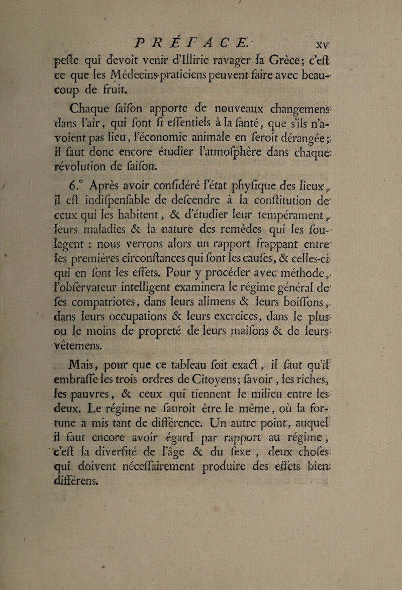 peüe qui devoit venir d’IIIirie ravager îa Grèce; c’efl; ce que tes Médecins-praticiens peuvent faire avec beau¬ coup de fruit. Chaque failbn apporte de nouveaux changeinens: dans l’air, qui font fi elfentiels àlafanté, que s’ils n’a- voient pas heu, féconomie animale en feroit dérangée;. H faut donc encore étudier latmofphère dans chaque révolution de faifon. 6.° Après avoir confidéré letat phyfique des heux,. il ch indifpenfable de defcendre à la conhitution de‘ ceux qui les habitent, & d’étudier leur tempérament ^ leurs maladies & la nature des remèdes qui les fou- îagent : nous verrons alors un rapport frappant entre* les premières circonhances qui font les caufes, Ôc celles-cf qui en font les effets. Pour y procéder avec’méthode J’obfervateur intelligent examinera le régime général de' fes compatriotes, dans leurs alimens & leurs boiffons, dans leurs occupations <Sc leurs exercices, dans le pîus- ou le moins de propreté de leurs maifons & de leurs' vêtemens. Mais, pour que ce tableau foit exaél, il faut qu’il- embraffe les trois ordres de Citoyens; (avoir , les riches, les pauvres, & ceux qui tiennent le milieu entre les deux. Le régime ne fauroit être le même, où la for¬ tune a mis tant de différence. Un autre point', auquef il faut encore avoir égard par rapport au régime e’efl la diverfité de l’âge <Sc du fexe , deux chofes: qui doivent néceffairement produire des effets biem différenSà