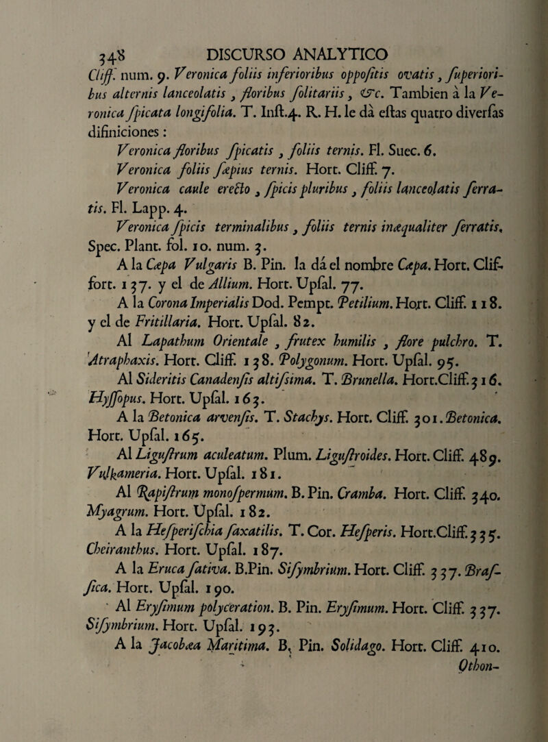 Cliff num. 9. Verónica foliis inferioribus oppojitis ovatis s fuperiori- bus alternis lanceolatis y floribus folitariis y OY. También á la Ve¬ rónica /picata longifolia. T. I11ÍI.4. R. H. le da eftas quatro diverías diíiniciones: Verónica floribus fpicatis y foliis ternis. Fl. Suec. 6. Verónica foliis fjepius ternis. Hort. Cliff 7. Verónica caule ereño y fpicis pluribus y foliis Unceojatis ferra- tis. Fl. Lapp. 4. Verónica fpicis terminalibus y foliis ternis in&jualiter ferratis, Spec. Plant. fol. 10. num. 3. A la Cdpa Vulgaris B. Pin. la dá el nombre Gcpa, Hort. Clit fort. 1 37. y el de Allium. Hort. Upíal. 77. A la Corona Imperialis Dod. Pempc. Tetilium. Hojt. Cliff. 118. y el de Fritillaria. Hort. Upíal. 82. Al Lapatbum Oriéntale 3 frutex humilis y flore pdchro. T. !Atraphaxis. Hort. Cliff 158. Folygonum. Hort. Upíal. 95. Al Sideritis Canadenfls altifstma. T. Brunella. Hort.Cliff 516. Hyffopus. Hort. Upíal. 163. A la Betónica arvenfls. T. Stacbjs. Hort. Cliff 301. Betónica, Hort. Upfal. 165. Al Liguflrum aculeatum. Plum. Liguflroides. Hort. Cliff 489. Vdk^meria. Hort. Upfal. 181. Al apiflrum mono/permum. B.Pin. Cramba. Hort. Cliff 540. Myagrum. Hort. Upíal. 182. A la Htfperifchia faxatilis. T. Cor. Hefperis. Hort.Cliff 335. Cbeiranthus. Fdort. Upíal. 187. A la fativa. B.Pin. Sifymbrium. Hort. Cliff 557. ©rd/1 fica. Hort. Upíal. 190. Al Eryfimum polyceration. B. Pin. Eryflmum. Hort. Cliff 337. Sifymbrium. Hort. Upfal. 195. A la Jacob <ea Marítima. B.: Pin. Solidago. Hort. Cliff 410. ; Qtbon-