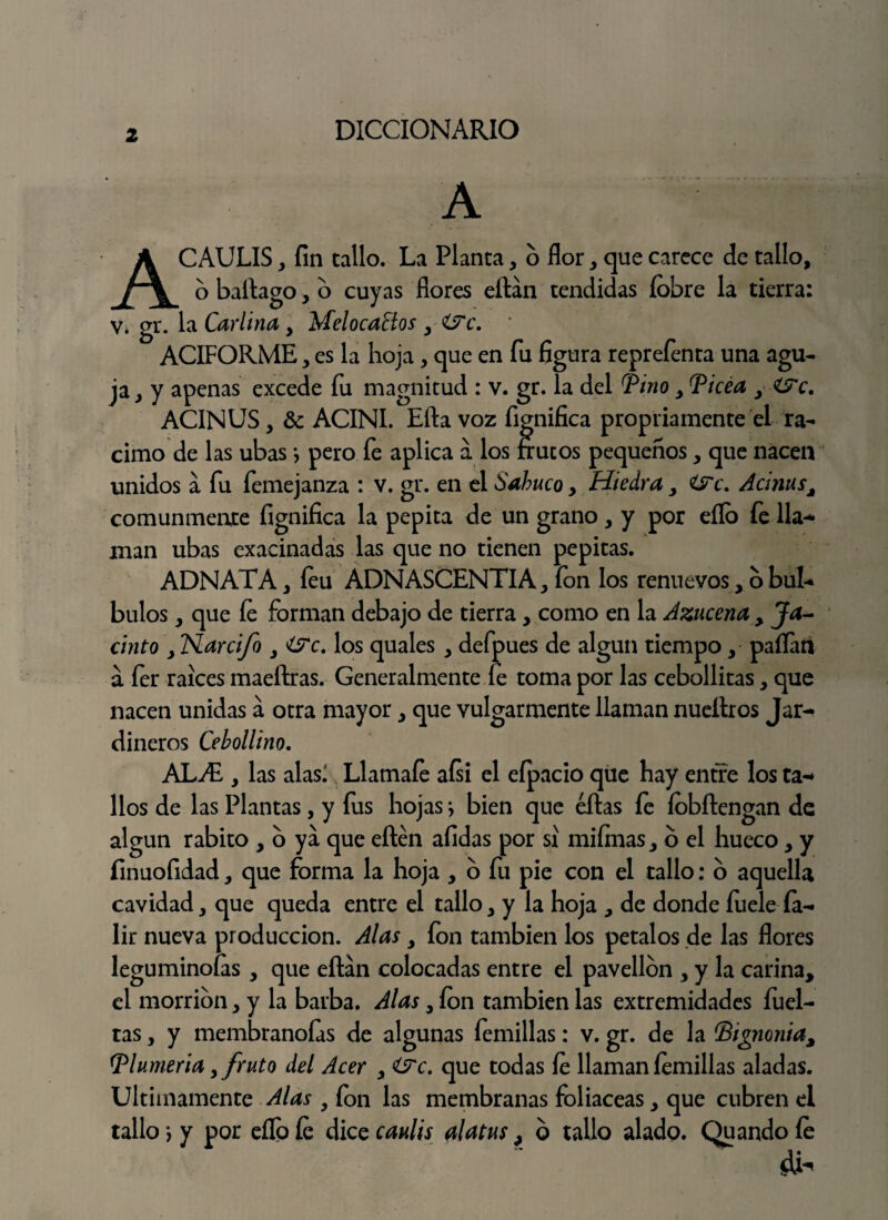 A ACAULIS, fin tallo. La Planta, o flor, que carece de tallo, o baílago, o cuyas flores eílan tendidas íobre la tierra: v. gr. la Carlina > MelocaHos y &c. ACIFORME, es la hoja, que en fu figura reprefenta una agu¬ ja, y apenas excede fu magnitud : v. gr. la del Tino y Picea y ACINUS, & ACINI. Efta voz fignifica propriamente el ra¬ cimo de las ubas *, pero fe aplica a los frutos pequeños, que nacen unidos a fu femejanza : v. gr. en el Sabuco > Hiedra y ísrc. Acinusy comunmente fignifica la pepita de un grano, y por eíío fe lia- man ubas exacinadas las que no tienen pepitas. ADNATA, íeu ADNASCENTIA, fon los renuevos, o buL bulos, que fe forman debajo de tierra, como en la Azucena y Ja¬ cinto y TSlarci/o y í?c. los quales , defpues de algún tiempo, pallan á fer raíces maeílras. Generalmente le toma por las cebollitas, que nacen unidas á otra mayor, que vulgarmente llaman nueítros Jar¬ dineros Cebollino. ALA*,, las alas! Llamafe aísi el eípacio que hay entre los ta- líos de las Plantas, y fus hojas j bien que ellas fe íobílengan de algún rabito , o ya que eftén afidas por si mifmas, o el hueco, y finuofidad, que forma la hoja , o fu pie con el tallo: o aquella cavidad, que queda entre el tallo, y la hoja y de donde fuele ía- lir nueva producción. Alas y fon también los petalos de las flores leguminoías , que eílan colocadas entre el pavellon , y la carina, el morrión, y la barba. Alas y fon también las extremidades fuel- tas, y membranoías de algunas femillas: v. gr. de la íBignonia, Plumería fruto del Acer y &c. que todas fe llaman femillas aladas. Ultimamente Alas , fon las membranas foliáceas, que cubren el tallo) y por eíío íe dice caulis alatus ? b tallo alado. Quando fe di^