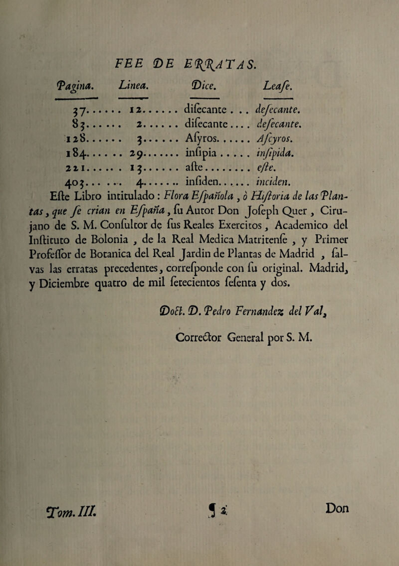 FEE (DE EPATAS. Fagina. Linea. Dice. Leafe. 37- •• • defecante. defecante. 128. . . . .. Ajcyros. 184. . . . .. 29.... infpida. 2 2 1.... • • •• efte. 40?... ... 4.... inciden. Eíte Libro intitulado : Flora Efpanola , ó Hijioria de las Flan- tas y que fe crian en Efpaña, íu Autor Don Jofeph Quer , Ciru¬ jano de S. M. Confultor de fus Reales Exercitos, Académico del Inílituto de Bolonia , de la Real Medica Matriteníe , y Primer Profeílor de Botánica del Real Jardin de Plantas de Madrid , íal- vas las erratas precedentes, correíponde con íu original. Madrid, y Diciembre quatro de mil íetecientos fefenta y dos. Doñ. D. Fedro Fernandez del Val, Corredor General por S. M. eX'om- ///. Don