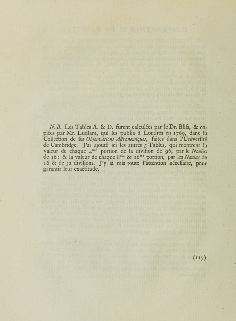 N. B. Les Tables A. 8c D. furent calculées par le Dr. Blifs, & co¬ piées par Mr. Ludlam, qui les publia à Londres en 1769, dans la Collection de fes Obfervations Agronomiques, faites dans l’Univerfité de Cambridge. J’ai ajouté ici les autres 5 Tables, qui montrent la valeur de chaque 4me portion de la divifion de 96, par le Nonius de 16 : 8c la valeur de chaque 8me 8c i6me portion, par les Nonius de 16 & de 32 divifions. J’y ai mis toute l’attention néceflaire, pour garantir leur exactitude. (7)