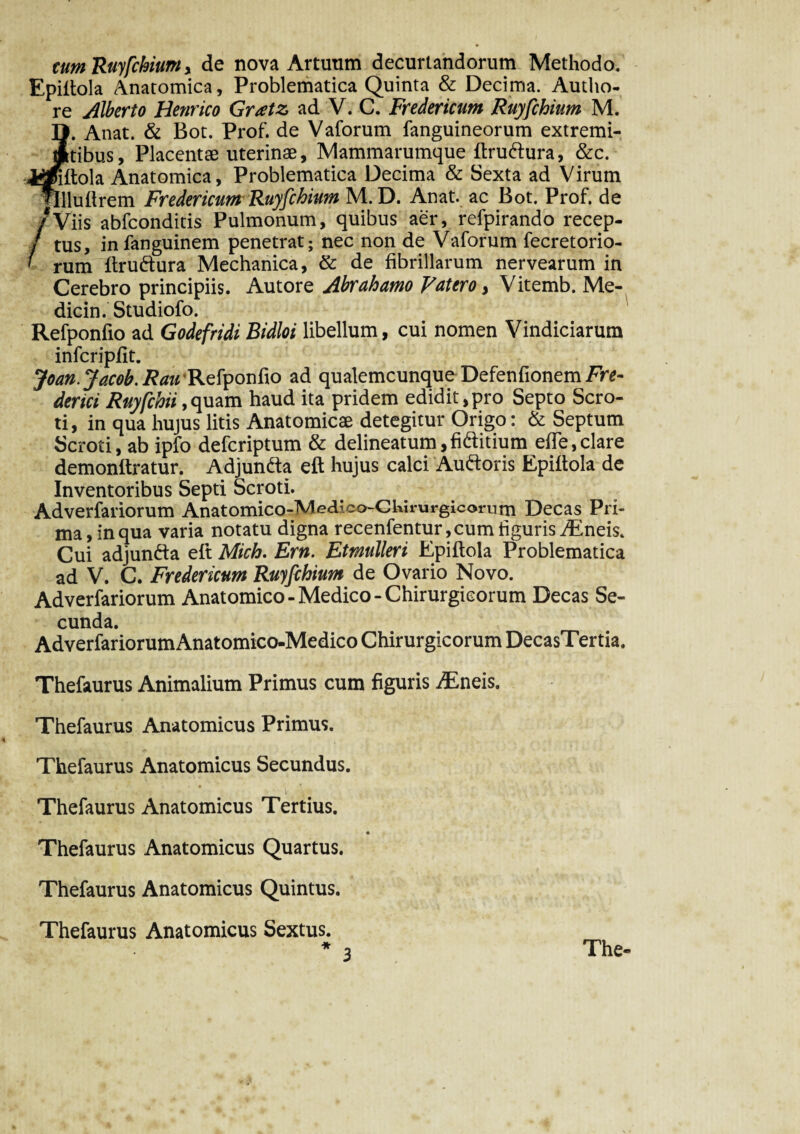 tum Ruyfchium, de nova Artuum decurtandorum Methodo. Epiltola Anatomica, Problematica Quinta & Decima. Autho- re Alberto Henrico Gratz ad V. C. Fredericum Ruyfchium M. Anat. & Bot. Prof. de Vaforum fanguineorum extremi- Jtibus, Placentae uterinae. Mammarumque ftru&ura, &c. Jiftola Anatomica, Problematica Decima & Sexta ad Virum Tllluftrem Fredericum Ruyfchium M. D. Anat. ac Bot. Prof. de /Viis abfeonditis Pulmonum, quibus aer, refpirando recep- / tus, infanguinem penetrat; nec non de Vaforum fecretorio- ' rum ftru&ura Mechanica, & de fibrillarum nervearum in Cerebro principiis. Autore Abrahamo Vatero, Vitemb. Me- dicin. Studiofo. Refponfio ad Godefridi Bidloi libellum, cui nomen Vindiciarum infcripfit. Joan. Jacob. Rau Refponfio ad qualemcunque Defenfionem Fre- derici Ruyfchii,quam haud ita pridem edidit,pro Septo Scro¬ ti, in qua hujus litis Anatomicae detegitur Origo: & Septum Scroti, ab ipfo deferiptum & delineatum,fiditium efie,clare demonltratur. Adjunfta eft hujus calci Auftoris Epiftola de Inventoribus Septi Scroti. Adverfariorum Anatomico-Medlco-Chirurgicorum Decas Pri¬ ma, in qua varia notatu digna recenfentur, cum liguris .dEneis. Cui adjun&a eft Mich. Em. Etmulleri Epiftola Problematica ad V. C. Fredericum Ruyfchium de Ovario Novo. Adverfariorum Anatomico-Medico-Chirurgicorum Decas Se¬ cunda. AdverfariorumAnatomico-Medico Chirurgicorum DecasTertia. Thefaurus Animalium Primus cum figuris iEneis. Thefaurus Anatomicus Primus. Thefaurus Anatomicus Secundus. i Thefaurus Anatomicus Tertius. Thefaurus Anatomicus Quartus. Thefaurus Anatomicus Quintus. Thefaurus Anatomicus Sextus. * 3 The-