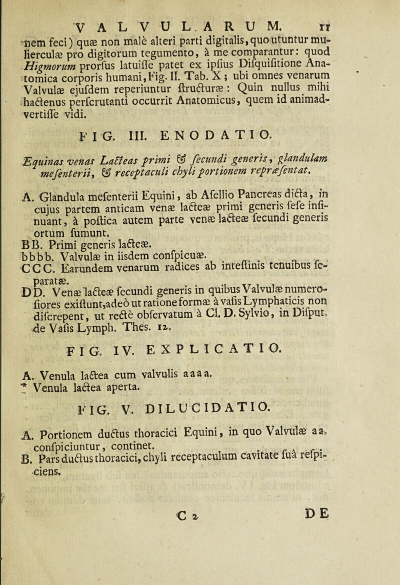 VALVULARUM. r t nem feci) quaj non mal6 alteri parti digitalis,quo utuntur mu¬ lierculae pro digitorum tegumento, a me comparantur: quod Higmorum prorfus latuiffe patet ex iplius Difquifitione Ana¬ tomica corporis humani,Fig. II. Tab. X ; ubi omnes venarum Valvulae ejufdem reperiuntur Itru&urae: Quin nullus mihi haclenus perfcrutanti occurrit Anatomicus, quem id animad- vertifTe vidi. FIG. III. ENODATIO. Equinas venar Laffeas primi & fecundi generis, glandulam mefenteriiy & receptaculi chyli portionem reprtsfentat* A. Glandula mefenterii Equini, ab Afellio Pancreas difta, in cujus partem anticam venae lacteae primi genetis fefe infi- nuant, & poltica autem parte venae lacteae fecundi generis ortum fumunt. BB. Primi generis ladleae. bbbb. Valvulae in iisdem confpicuae. . r , CCC. Earundem venarum radices ab lnteltinis tenuibus ie- paratae. .. TT . . DD. Venae'la&eae fecundi generis in quibus Valvulae numera¬ liores exiftunt,adeo ut ratione formae Ovalis Lymphaticis non difcrepent, ut refte obfervatum ^ Ll. D. Sylvio, in Difput* ,de Vafis Lymph. Thes. 12.. FIG. IV. EXPLICATIO. A. Venula laftea cum valvulis aaaa. * Venula laftea aperta. FIG. V. DILUCIDATIO. A. Portionem du&us thoracici Equini, in quo Valvulae a a, confpiciuntur, continet. . A r . B. Pars du&us thoracici, chyli receptaculum cavitate fua relpi- -ciens. C x r DE