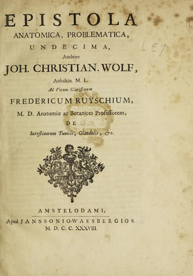 7P. P I T O L A ANATOMICA, PROBLEMATICA, undecima. Authore JOH. CHRISTI AN. W OLF, Anhaltin. M. L. Ad Virum Clarijfimum fredericum ruyschium, M. D. Anatomix ac Botanices ProfefTorem, DE InteJUnorum Tunicis, Glandulis , &c. AMSTELODAMI, Apud J A N S S O N I O-W AESBERGIOS.