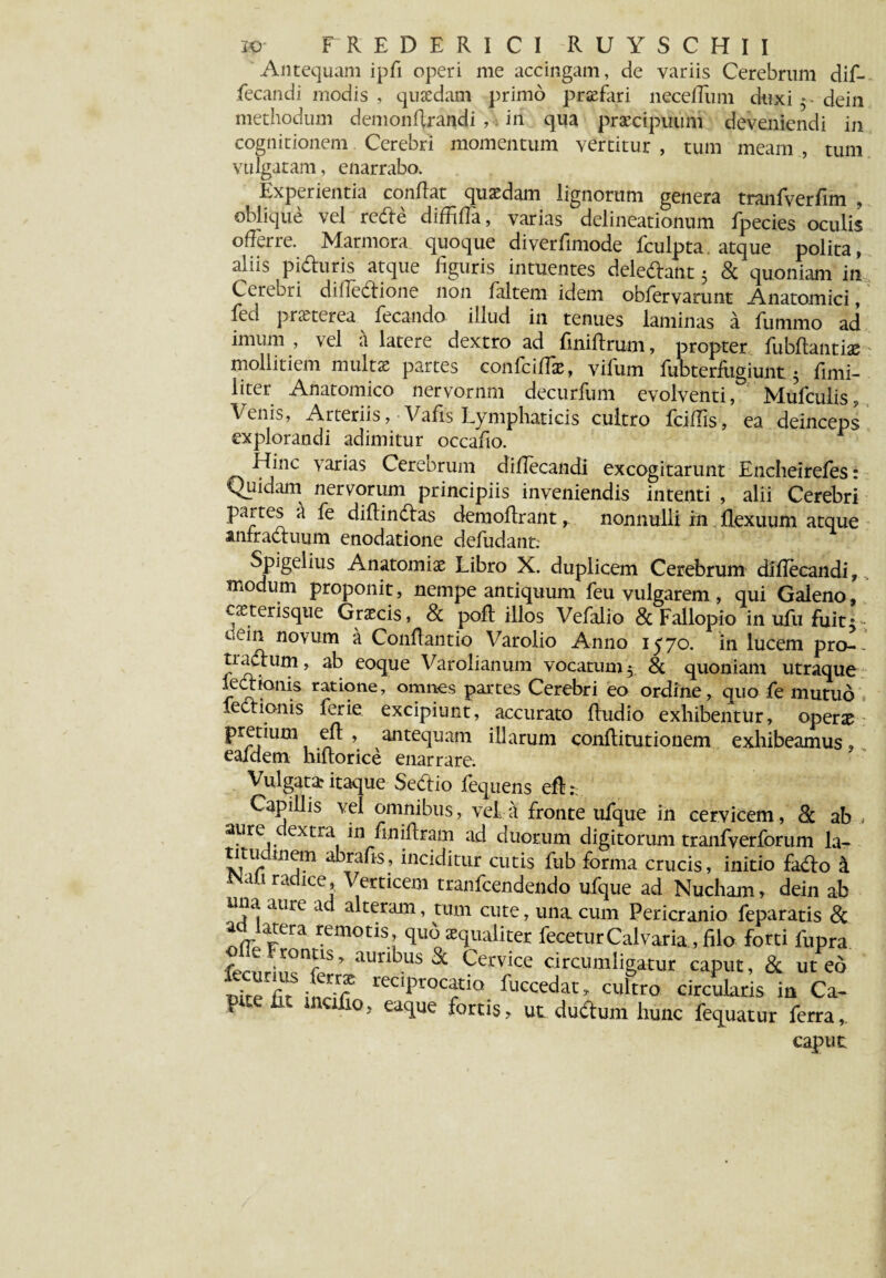 Antequam ipfi operi me accingam, de variis Cerebrum dif- fecandi modis , quaedam primo praefari necefliim duxi 5 • dein methodum demonfirandi , in qua praecipuum deveniendi in cognitionem Cerebri momentum vertitur , tum meam , tum vulgatam, enarrabo. Experientia conflat quaedam lignorum genera tranfverfim , oblique vel rede diffifia, varias delineationum fpecies oculis offerre. Marmora quoque diverfimode fculpta. atque polita, aliis piduris atque figuris intuentes deledant 5 & quoniam in Cerebri difledione non fialtem idem obfervarunt Anatomici, fed praeterea fecando illud in tenues laminas a fummo ad imum , vel a latere dextro ad finiflrum, propter fubflantiae mollitiem multae partes confciffe, vifum fubterfugiunt • fimi- liter Anatomico nervorum decurfum evolventi, MuVculis, Venis, Arteriis, Vafis Lymphaticis cultro fciffis, ea deinceps explorandi adimitur occafio. Hinc varias Cereorum diflecandi excogitarunt Encheirefes: Quidam nervorum principiis inveniendis intenti , alii Cerebri partes a fe diftindas demoflrant, nonnulli in flexuum atque anfractuum enodatione defudant: Spigelius Anatomia Libro X. duplicem Cerebrum diflecandi, modum proponit, nempe antiquum feu vulgarem, qui Galeno, caterisque Graecis, 8c pofl illos Vefalio & Fallopio inufufuiti - LlCin novum a Conflando Varolio Anno 1570. in lucem pro-. tiactum, ab eoque Varolianum vocatum 5, &. quoniam utraque lectionis ratione, omnes partes Cerebri eo ordine, quo fe mutuo lectionis lerie excipiunt, accurato fiudio exhibentur, operae pretium efl , antequam illarum conflitutionem exhibeamus, eaidem hiltorice enarrare. Vulgata: itaque Sedio fequens efh Capillis vel omnibus, vel a fronte ufque in cervicem, 8t ab - aure dextra in finiftram ad duorum digitorum tranfverforum la¬ titudinem abrafis, inciditur cutis fub forma crucis, initio fado k radlce; Verticem tranfcendendo ufque ad Nucham, dein ab una aure ad alteram, tum cute, una cum Pericranio feparatis & ad latera remotis quo aequaliter feceturCalvaria , filo forti fupra fernrin^r^’ auri^.us Cervice circumligatur caput, & ut eo Sefit inr7r reClprOCfio fuccedat> cultro circularis ia Ca¬ pite ht mulio, eaque fortis, ut dudtum hunc fequatur ferra. capuc