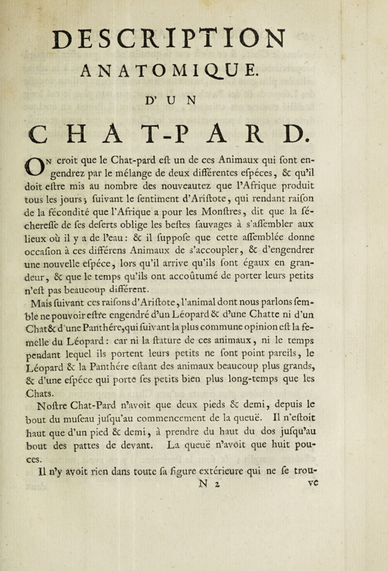 DESCRIPTION AN ATOMIQ.U E. D’ U N C H A T-P A R D. On croit que le Chat-pard eft un de ces Animaux qui font en¬ gendrez par le mélange de deux différentes efpéces, 6c qu’il, doit eftre mis au nombre des nouveautez que l’Afrique produit tous les jours i fuivant le fentiment d’Ariftote, qui rendant raifon de la fécondité que l’Afrique a pour les Monftres, dit que la fé- chereffe de fes deferts oblige les belles fauvages à s’alfembler aux lieux où il y a de l’eau : 6c il fuppofe que cette affemblée donne occafion à ces différens Animaux de s’accoupler, 6c d’engendrer une nouvelle efpéce, lors qu’il arrive qu’ils font égaux en gran¬ deur , 6c que le temps qu’ils ont accoûtumé de porter leurs petits n’eft pas beaucoup différent. Mais fuivant ces raifons d’Ariftote, l’animal dont nous parlons fem- ble ne pouvoir eftre engendré d’un Léopard 6c d’une Chatte ni d’un Chat6c d’une Panthère,qui fuivant la plus commune opinion eft la fe¬ melle du Léopard : car ni la ftature de ces animaux, ni le temps pendant lequel ils portent leurs petits ne font point pareils, le Léopard 6c la Panthère eftant des animaux beaucoup plus grands, 8c d’une efpéce qui porte fes petits bien plus long-temps que les Chats. Noftre Chat-Pard n’avoit que deux pieds 6c demi, depuis le bout du mufeau jufqu’au commencement de la queue. Il n'eftoit haut que d’un pied 8c demi, à prendre du haut du dos jufqu’au bout des pattes de devant. La queue n’avoit que huit pou¬ ces. Il n’y avoit rien dans toute fa figure extérieure qui ne fe trou- N z vc