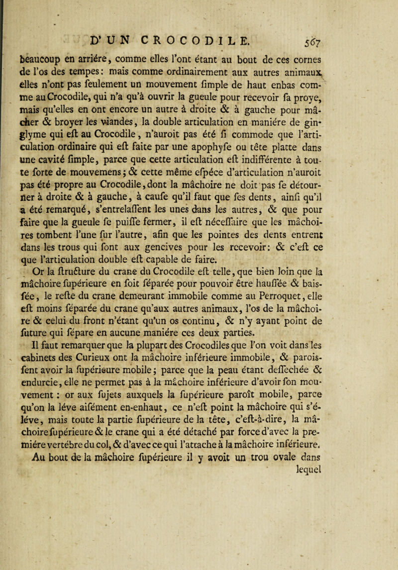 beaucoup en arriére, comme elles l’ont étant au bout de ces cornes de l’os des tempes : mais comme ordinairement aux autres animaux, elles n’ont pas feulement un mouvement fimple de haut enbas com¬ me au Crocodile, qui n’a qu’à ouvrir la gueule pour recevoir fa proye, mais qu’elles en ont encore un autre à droite & à gauche pour mâ¬ cher & broyer les viandes, la double articulation en manière de gin* glyme qui eft au Crocodile, n’auroit pas été fi commode que l’arti¬ culation ordinaire qui eft faite par une apophyfe ou tête platte dans une cavité fimple, parce que cette articulation eft indifférente à tou¬ te forte de mouvemens ; ôc cette même efpéce d’articulation n’auroit pas été propre au Crocodile,dont la mâchoire ne doit pas fe détour¬ ner à droite 8c à gauche, à caufe qu’il faut que fes dents, ainfi qu’il a été remarqué, s’entrelafient les unes dans les autres, & que pour faire que la gueule fe puiffe fermer, il eft nécefîaire que les mâchoi¬ res tombent l’une fur l’autre, afin que les pointes des dents entrent dans les trous qui font aux gencives pour les recevoir: 8c c’eft ce que l’articulation double eft capable de faire. Or la ftruélure du crâne du Crocodile eft telle, que bien loin que la mâchoire fupérieure en foit féparée pour pouvoir être hauifée 8c bais- fée, le refte du crâne demeurant immobile comme au Perroquet, elle eft moins féparée du crâne qu’aux autres animaux, l’os de la mâchoi¬ re 8c celui du front n’étant qu’un os continu, & n’y ayant point de future qui fépare en aucune manière ces deux parties. Il faut remarquer que la plupart des Crocodiles que l’on voit dans les cabinets des Curieux ont la mâchoire inférieure immobile, 8c parois- fent avoir la fupérieure mobile; parce que la peau étant deifechée 8c endurcie, elle ne permet pas à la mâchoire inférieure d’avoir fon mou¬ vement : or aux fujets auxquels la fupérieure paroît mobile, parce qu’on la lève aifément en-enhaut, ce n’eft point la mâchoire qui s’é¬ lève, mais toute la partie fupérieure de la tête, c’eft-à-dire, la mâ¬ choire fupérieure & le crâne qui a été détaché par force d’avec la pre¬ mière vertèbre du col, & d’avec ce qui l’attache à la mâchoire inférieure. Au bout de la mâchoire fupérieure il y avoit un trou ovale dans lequel