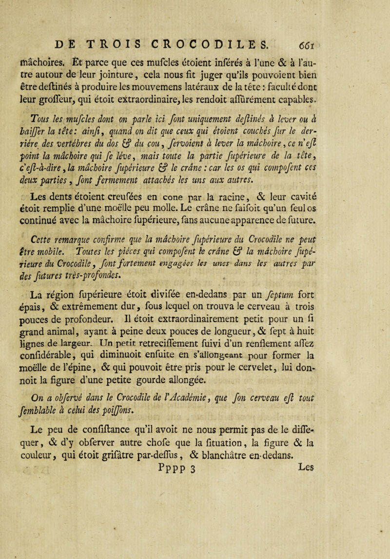 mâchoires. Et parce que ces mufcles étoient inférés à l’une & à l’au¬ tre autour de leur jointure, cela nous fit juger qu’ils pouvoient bien être deflinés à produire les mouvemens latéraux de la tête : faculté dont leur grofleur, qui étoit extraordinaire, les rendoit aflurément capables. Tous les mufcles dont on parle ici font uniquement deflinés à leroer ou à laijfer la tête : ainfi, quand on dit que ceux qui étoient couchés fur le der¬ rière des vertèbres du dos & du cou, fervoient a lever la mâchoire, ce nefi point la mâchoire qui feléve, mais toute la partie fupérieure de la tête, cejl-à-dire, la mâchoire fupérieure & le crâne : car les os qui compofent ces deux parties, font fermement attachés les uns aux autres. Les dents étoient creufées en cône par la racine, & leur cavité étoit remplie d’une moelle peu molle. Le crâne ne faifoit qu’un feul os continué avec la mâchoire fupérieure, fans aucune apparence de future. Cette remarque confirme que la mâchoire fupérieure du Crocodile ne peut être mobile. Toutes les pièces qui compofent le crâne & la mâchoire fupé¬ rieure du Crocodile, font fortement engagées les unes dans les autres par des futures très-profondes. La région fupérieure étoit divifée en*dedans par un feptum fort .épais, & extrêmement dur, fous lequel on trouva le cerveau à trois pouces de profondeur. Il étoit extraordinairement petit pour un fi grand animal, ayant à peine deux pouces de longueur, & fept à huit lignes de largeur. Un petit retreciflement fuivi d’un renflement allez confidérable, qui diminuoit enfuite en s’allongeant pour former la moelle de l’épine, & qui pouvoit être pris pour le cervelet, lui don- noit la figure d’une petite gourde allongée. On a obfervé dans le Crocodile de l'Académie, que fon cerveau ejl tout fetnblable à celui des poiffons. Le peu de confifiance qu’il avoit ne nous permit pas de le difle- quer, & d’y obferver autre chofe que la fituation, la figure & la couleur, qui étoit grifàtre par-deflus, & blanchâtre en-dedans. Pppp 3 Les