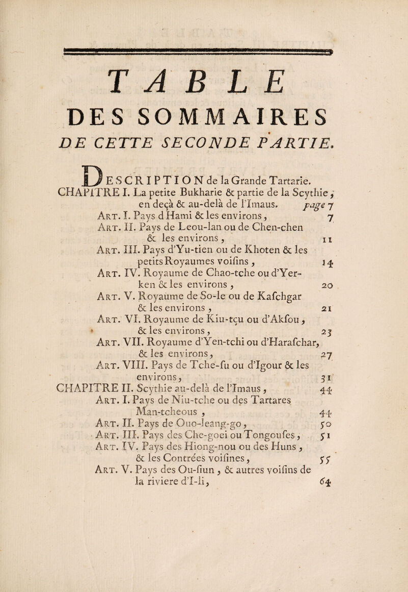 T A B LE DES SOMMAIRES DE CETTE SECONDE PARTIE, J) E S C R I P T I O N de la Grande Tartarie. CHAPITRE I. La petite Btikharie & partie de la Scythie , en deçà & au-delà de lTmaus* Art. I. Pays d Hami & les environs , Art. II. Pays de Leou-lan ou de Chen- & les environs , 11 Art. III. Pays d’Yu-tien ou de Khoten & les petits Royaumes voifms , j 4 Art. IV. Royaume de Chao-tche ou d’Yer- ken & les environs , 20 Art. V. Royaume de So-le ou de Kafchgar & les environs * 21 Art. VI. Royaume de Kiu-tçu ou d’Akfou , * & les environs, 25 Art. VIL Royaume d’Yen-tchi ou d’Harafchar, & les environs , 27 environs, 51 CHAPITRE II. Scythie au-delà de Plmaus , 44 Art. I. Pays de Niu-tche ou des Tartares Man-tcheous , 44 Art. II. Pays de Ouo-îeang-go, 50 • Art. III. Pays des Che-goei ou Tongoufes, 51 Art. IV. Pays des Hiong-nou ou des Huns , & les Contrées voifmes, y y Art. V. Pays des Ou-fiun , & autres yoifins de la riviere dT-li, 64 SI s