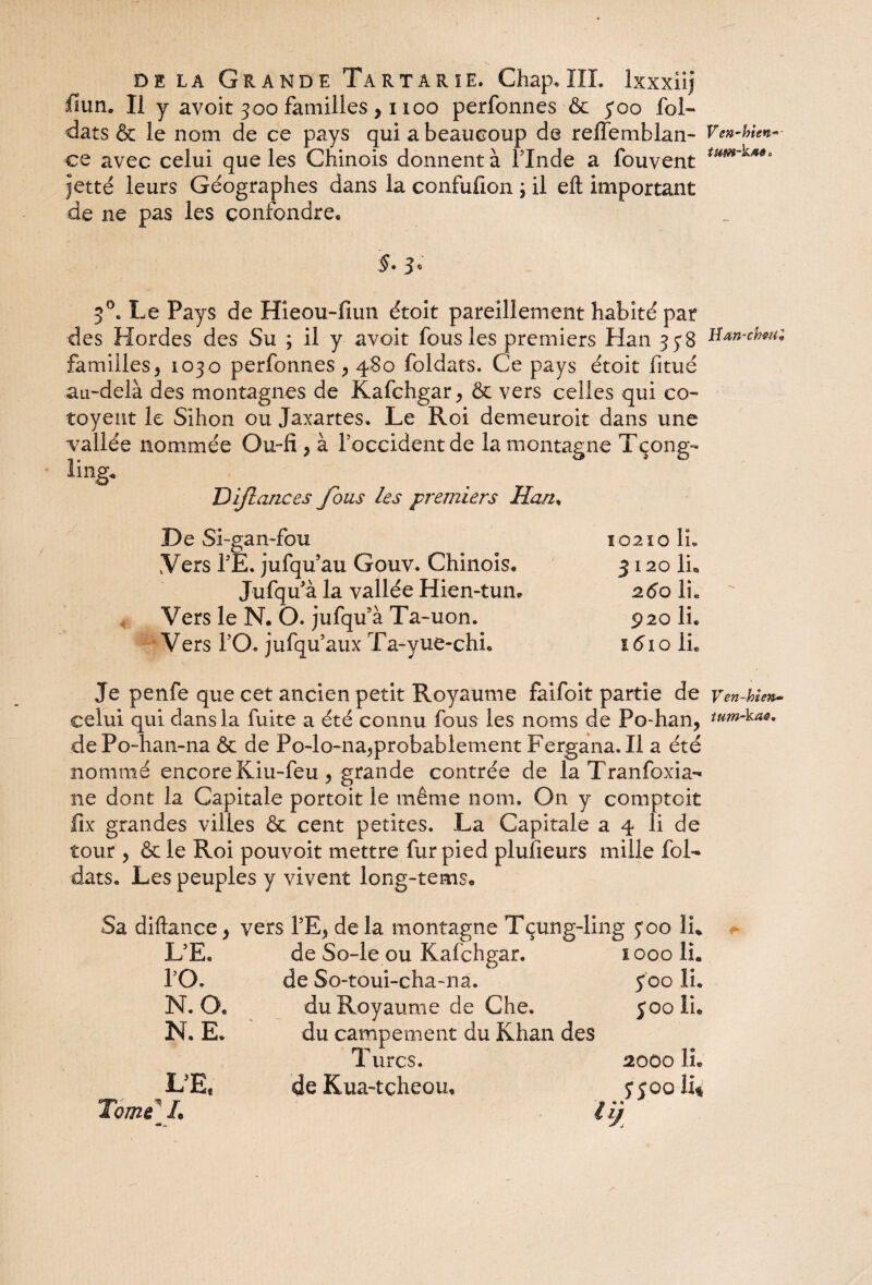 fiun. Il y ayoit 300 familles > i ioo perfonnes & yoo fol- dats & le nom de ce pays qui a beaucoup de reffemblan- ce avec celui que les Chinois donnent à Flnde a fouvent jette leurs Géographes dans la confufion ; il eft important de ne pas les confondre* Ven-hîen~ ttim-kfiâ 0 §• 3* 3°. Le Pays de Hieou-fiun étoit pareillement habité par des Hordes des Su ; il y avoit fous les premiers Han 358 familles} 1030 perfonnes > 480 foldats. Ce pays étoit fitué au-delà des montagnes de Kafchgar, & vers celles qui co- toyetit le Sihon ou Jaxartes. Le Roi demeuroit dans une vallée nommée Ou-fi y à l’occident de la montagne Tçong- ling. Dijlances fous les premiers Haru De Sî-gan-fou 10210 IL Vers TE. jufqu’au Gouv. Chinois. 3120 IL Jufqu’à la vallée Hien-tun. 260 liL Vers le N. O. jufqu'à Ta-uon. 920 li. Vers PO. jufqu’aux Ta-yue-chL ïéio IL Je penfe que cet ancien petit Royaume faifoit partie de Ven-hlen^ celui qui dans la fuite a été connu fous les noms de Po-han, tum'kaû* dePo-han-na & de Po-lo-na,probablement Fergana.il a été nommé encore Kiu-feu > grande contrée de la Tranfoxia- 11e dont la Capitale portoit le même nom. On y comptoit iïx grandes villes & cent petites. La Capitale a 4 li de tour , & le Roi pouvoit mettre fur pied plusieurs mille fol¬ dats. Les peuples y vivent long-tems. Sa diftance, vers PE* de la montagne Tçung-ling yoo li* L’E. de So-le ou Kafchgar. 1000 li. PO. de So-toui-cha~na. j'oo ii. N. O. du Royaume de Che. 500 li. N. E. du campement du Khan des Turcs. 2000 IL IfE, de Kua-tçheou, yjoolL