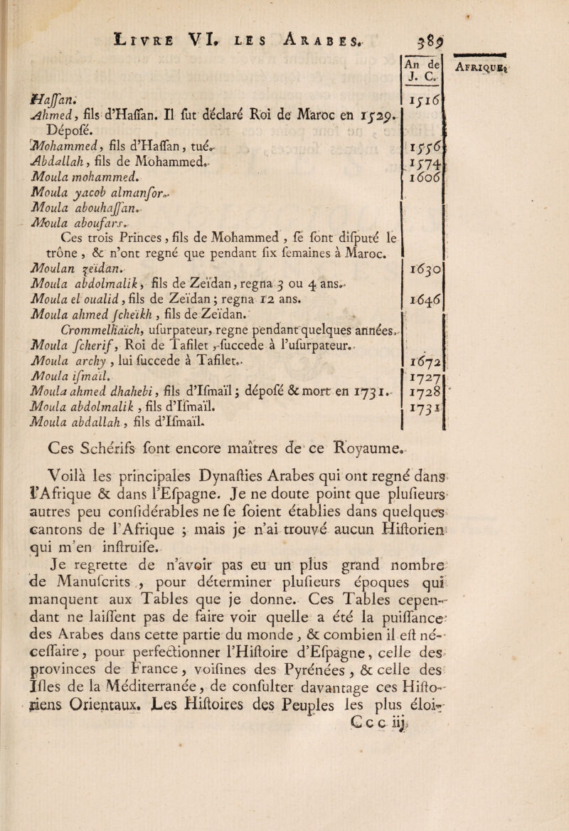 HaJJan; Ahmed, fils d’Hafîan. Il fut déclaré Roi de Maroc en 172p. Dépofé. Mohammed, fils d’Haffan, tué* Abdallah > fils de Mohammed* Moula mohammed. Moula yacob almanfor* Moula abouhajjan* Moula aboufars Ces trois Princes, fils de Mohammed , fe font difputé le trône , & n’ont régné que pendant fix femaines à Maroc. Moulan %eïdan. Moula abdolmalik y fils de Zeïdan, régna 3 ou 4, ans** Moula el oualid, fils de Zeïdan ; régna T2 ans. Moula ahmed Jcheikh , fils de Zeïdan. CrommelHdich, ufurpateur, régné pendant quelques années-- Moula fcherif, Roi de Tafilet rfuccede à l’ufurpateur.- Moula archy , lui fuccede à Tafilet** Moula ifmaïh Moula ahmed dhahebi, fils dTfmaïl ; dépofé ôemort en 1731* Moula abdolmalik , fils dTfmaïl. Moula abdallah ) fils d’XfmaïL Ces Schérifs font encore maîtres de* ce Royaume* Voilà les principales Dynafties Arabes qui ont régné dans l’Afrique & dans FEfpagne. Je ne doute point que plufieurs autres peu confidérables ne fe foient établies dans quelques cantons de l'Afrique ; mais je n ai trouvé aucun Hiftorien qui nfen inftruife. Je regrette de n'avoir pas eu un plus grand nombre de Manufcrits , pour déterminer plufieurs époques quî manquent aux Tables que je donne. Ces Tables cepen¬ dant ne laiffent pas de faire voir quelle a été la puiffance- des Arabes dans cette partie du monde , & combien il eft né-- ceffaire, pour perfeâionner THiftoire d’Efpagne, celle des» provinces de France, voifmes des Pyrénées, & celle des; Ifles de la Méditerranée, de confulter davantage ces Hifto-- riens Orientaux, JLes Hiftoires des Peuples les plus éloir C c c iij.j An de J. C iyi(5 if $6 1J74 lÔOÔ I63O I646 Afrique^ 16 72 1727 1728 *73*