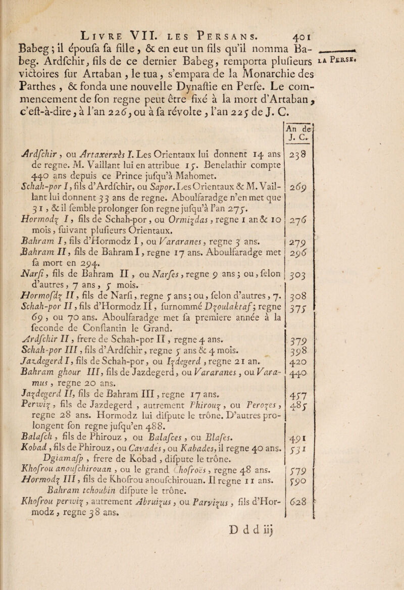 Babeg ; il époufa fa fille , & en eut un fils qu’il nomma Ba- beg. Ardfchir, fils de ce dernier Babeg, remporta plufieurs victoires fur Artaban , le tua, s’empara de la Monarchie des Parthes , & fonda une nouvelle Dynaftie en Perfe. Le com¬ mencement de fon régné peut être fixé à la mort d’Artaban $ c’eft-à-dire, à Pan 226^ ou à fa révolte , l’an 225 de J. C. Ardfchir , ou Artaxerxh I. Les Orientaux lui donnent 14 ans de régné. M. Vaillant lui en attribue ly. Benelathir compte 440 ans depuis ce Prince jjufqu’à Mahomet. Schah-por I, fils d5 Ardfchir, ou Sapor. Les Orientaux & M. Vail¬ lant lui donnent 33 ans de régné. Aboulfaradge n’en met que 31, & il femble prolonger fon régné jufqu’à Fan 274. Hormodi I, fils de Schah-por , ou Ormiidas, régné 1 an & 10 mois, fui vaut plufieurs Orientaux. Bahram J, fils d’Hormodz I, ou Vararanes, régné 3 ans. Bahram II, fils de BahramI, régné 17 ans. Aboulfaradge met fa mort en 25)4. Narfi, fils de Bahram II, ou Narfes, régné p ans ; ou, félon d’autres, 7 ans, y mois. Hormofdy II, fils de Narfi,, régné y ans; ou, félon d’autres, 7. Schah-por II, fils d’Hormodz II, furnommé Dçoulaktaf ; régné 6ÿ , ou 70 ans. Aboulfaradge met fa première année à la fécondé de Conflantin le Grand. Ardfchir II, frere de Schah-por II, régné 4 ans. Schah-por III, fils d’Ardfchir, régné y ans 8c 4 mois. Jazdegerd I, fils de Schah-por, ou fdegerd , régné 21 an. Bahram ghour III, fils de Jazdegerd, ou Vararanes, ou Vara * mus, régné 20 ans. Jazdegerd II, fils de Bahram III, régné 17 ans. Perwiç , fils de Jazdegerd , autrement Phirouç, ou Ferons, régné 28 ans. Hormodz lui difpute le trône. D’autres pro¬ longent fon régné jufqu’en 488. Balafch , fils de Phirouz , ou Balafces , ou Blafes. Kobad, fils de Phirouz, ou Cavades, ou Kabades, il régné 40 ans. Dgiamafp , frere de Kobad , difpute le trône. Khofrou anoufchirouan , ou le grand Chofroës , régné 48 ans. Hormod3 III, fils de Khofrou anoufchirouan. Il régné 11 ans. Bahram tchoubin difpute le trône. Khofrou perwVL , autrement Abrufiis, ou Parviens, fils d’Hor¬ modz , régné 3 8 ans, D d d iij An de J. C„ 238 2 dp 27 6 219 2$ 6 303 308 37 S 379 39 § 420 440 4T7 48 j 45>t S 31 ri 9 19° 628 t