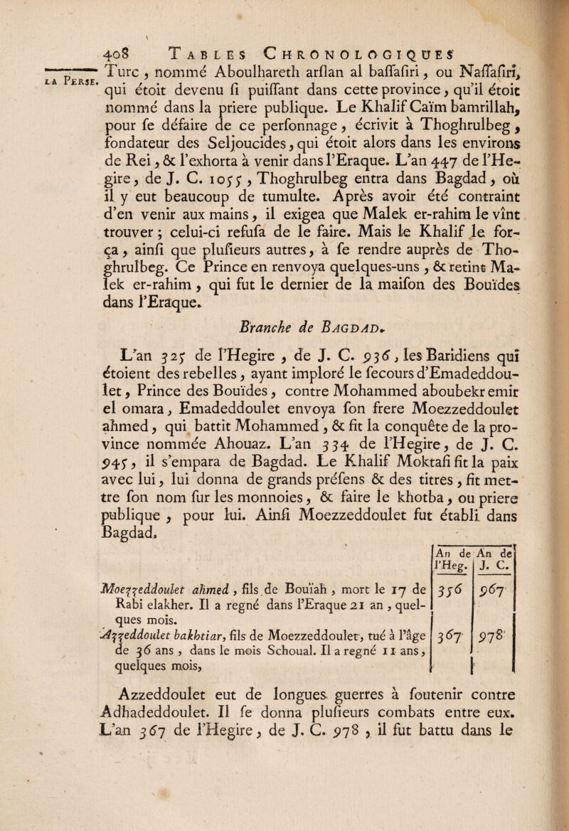 \ 408 Tables Chronologiques' r „ 1 Turc , nommé Aboulhareth arflan al baflafiri, ou NafTafin, i a Perse . y \ * * qui étoit devenu fi puiffant dans cette province * qu’il étoit nommé dans la priere publique. Le Khalif Caïm bamrillah* pour fe défaire de ce perfonnage * écrivit à Thoghrulbeg * fondateur des Seljoucides * qui étoit alors dans les environs de Rei * & l’exhorta à venir dans PEraque. L’an 447 de l’He- gire* de J. C. 105*y * Thoghrulbeg entra dans Bagdad * ou il y eut beaucoup de tumulte. Après avoir été contraint d’en venir aux mains * il exigea que Malek er-rahim le vînt trouver ; celui-ci refufa de le faire. Mais le Khalif le for¬ ça y ainfi que plufieurs autres, à fe rendre auprès de Tho¬ ghrulbeg. Ce Prince en renvoya quelques-uns y ôt retint Ma¬ lek er-rahim* qui fut le dernier de la maifon des Bouïdes dans l’Eraque. Branche de Bagdad* * L’an 325* de l’Hégire * de J. C. 936 > les Baridiens qu! étoient des rebelles* ayant imploré le fecours d’Emadeddou- let 9 Prince des Bouïdes* contre Mohammed aboubekr émir el omara? Emadeddoulet envoya fon frere Moezzeddoulet ahmed * qui battit Mohammed * & fit la conquête de la pro¬ vince nommée Ahouaz. L’an 334 de l’Hégire* de J. C. 5)45* y il s’empara de Bagdad. Le Khalif Moktafi fit la paix avec lui* lui donna de grands préfens & des titres * fit met¬ tre fon nom fur les monnoies * & faire le khotba * ou priere publique * pour lui. Ainfi Moezzeddoulet fut établi dans Bagdad. Moe%%eddoulet ahmed , fils de Bouïah ? mort le 17 de Rabi elakher. Il a régné dans l’Eraque 21 an ? quel¬ ques mois. Azzeddoulet hakhtiar, fils de Moezzeddoulet'? tué à l’âge de 36 ans ? dans le mois Schoual. Il a régné 11 ans ? quelques mois? An de An de l’Heg. J. c. Al Al i 978 • Azzeddoulet eut de longues guerres à foutenir contre Àdhadeddoulet. Il fe donna plufieurs combats entre eux. Lan 367 de l’Hegire* de J. C. 278 y il fut battu dans le