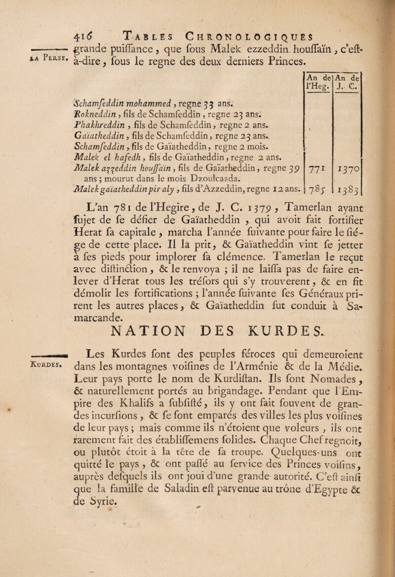 Kurdes, 41^ Tables Chronologiques grande puiffance, que fous Malek ezzeddin houffaïn ^ c5eft- à-dire , fous le régné des deux derniers Princes. An de An de ■Schamfeddin mohammed , régné. 3 5 ans. jRokneddin , fils de Schamfeddin , régné 23 ans.’ l’Heg. J. C. Fhakhreddin , fils de Schamfeddin , régné 2 ans. Gaïatheddin , fils de Schamfeddin, régné 23 ans., Schamfeddin, fils de Gaïatheddin, régné 2 mois. Malek el hafedh, fils de Gaïatheddin, régné 2 ans. V \ Malek aççeddin houffaïn, fils de Gaïatheddin, régné 35? ans ; mourut dans le mois Dzoulcaada. 771 1370 Malek gaïatheddinpir aly , fils d’Azzeddin, régné 12 ans. 78y 1383 If an 781 de l’Hegire, de J. C. 137P , Tamerlan ayant fujet de fe défier de Gaïatheddin , qui avoir fait fortifier Herat fa capitale , marcha l’année fuîvante pour faire le fié- ge de cette place. Il là prit ^ & Gaïatheddin vint fe jetter à fes pieds pour implorer fa clémence. Tamerlan le reçut avec diftincîion , & le renvoya ; il ne laiffa pas de faire en¬ lever d’Herat tous les tréfors qui s’y trouvèrent , & en fit démolir les fortifications ; l’année fuivante fes Généraux pri¬ rent les autres places * & Gaïatheddin fut conduit à Sa¬ marcande. NATION DES KURDES. Les Kurdes font des peuples féroces qui demenrôlent dans les montagnes voifines de l’Arménie & de la Médie*. Leur pays porte le nom de Kurdiflan. Ils font Nomades, & naturellement portés au brigandage. Pendant que l Em- pire des Khalifs a fubfifté, ils y ont fait fouvent de gran¬ des incurfions , & fe font emparés des villes les plus voifines de leur pays; mais comme ils n’étoient que voleurs , ils ont rarement fait des établiffemens folides. Chaque Chef regnoit, ou plutôt étoit à la tête de fa troupe. Quelques-uns ont quitté le pays , & ont palfé au fervice des Princes voifins, auprès defquels ils ont joui dune grande autorité. C’efî ainfi que la famille de Saladin eft parvenue au trône d’Egypte & de Syrie.