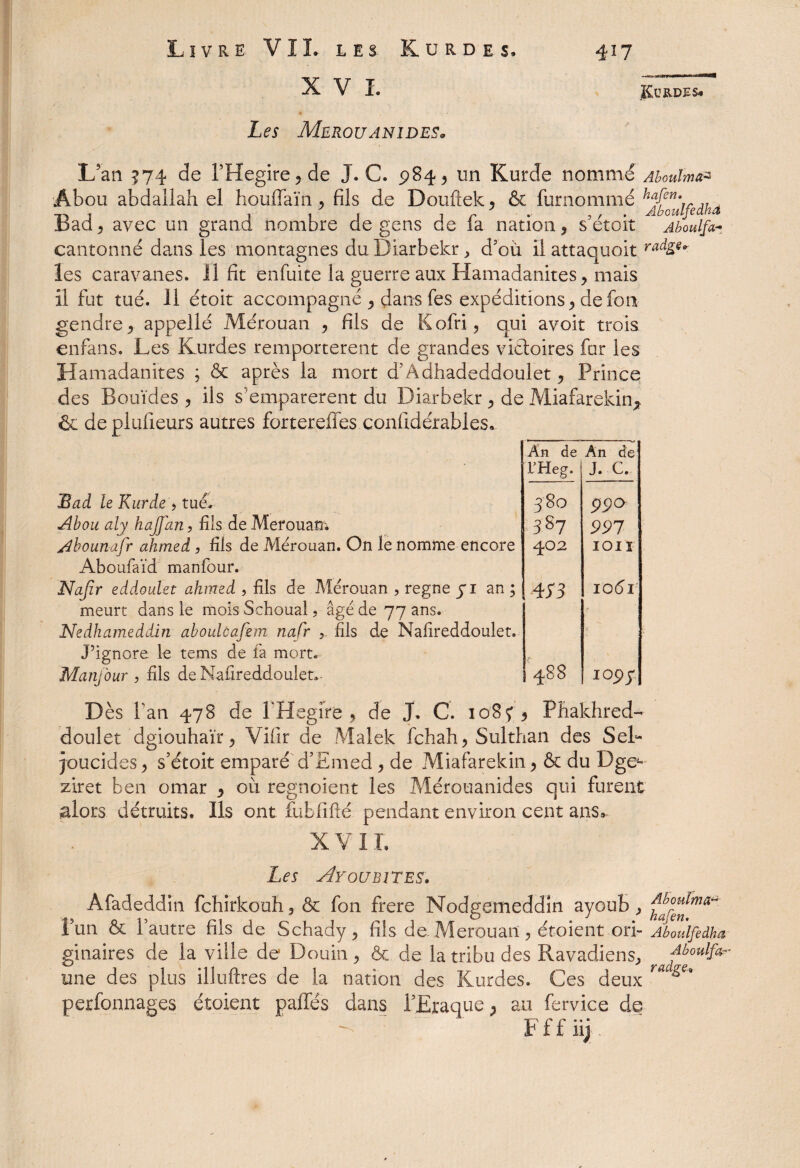 XVI. Les Merouanides. Kurdes# L9an 574 de THegire^de J. C. 984, un Kurde nommé Aboulmeta Âbou abdallah el bouffai' 11, fils de Douftek, & fur nom me kjjè*ûlfedha Bad, avec un grand nombre de gens de fa nation, s’étoit Aboulfa-, cantonné dans les montagnes du Diarbekr, d?où il attaquoit radge* les caravanes. 11 fit enfuite la guerre aux Hamadanites, mais il fut tué. H étoit accompagné , dans fes expéditions, de fort gendre, appellé Mérouan , fils de Kofri, qui avoit trois enfans. Les Kurdes remportèrent de grandes victoires far les Hamadanites ; & après la mort d’Adhadeddoulet, Prince des Bouïdes , ils s'emparèrent du Diarbekr , de Miafarekin* & de plulieurs autres fortereffes confidérables. An de An de L’Heg. j J. C. 380 99 a 3S7 997 402 IOIÏ 413 io<5r X 488 IOÿf Bad le Kurde , tué, Abou aly hajfan, fils de Mérouan; Abounafr ahmed, fils de Mérouan. On le nomme encore Aboufaïd manfour. Najîr eddoulet ahmed , fils de Mérouan , régné yi an ; meurt dans le mois Schoual, âgé de 77 ans. Nedhameddin aboulùafem nafr r fils de Nafireddoulet. J’ignore le tems de fa mort. Manfour > fils de Nafireddoulet»- Dès Tan 478 de PHegire , de J. C. 1084, Pbakhred- doulet dgiouhaïr, Viiir de Malek fehah, Sulthan des SeL joucides, s'étoit emparé d’Emed, de Miafarekin, & du Dge- ziret ben omar , où regnoient les Mérouanides qui furent alors détruits. Ils ont fubfifté pendant environ cent ans» XV IL Les Ay OU BIT ES» Afadeddin fehirkouh, & fon frere Nodgemeddîn ayoub, Tun & f autre fils de Schady , fils de. Mérouan, étoient ori- Aboùlfedha ginaires de la ville de Douin , & de la tribu des Ravadiens, f-boulfa~ une des plus illuftres de la nation des Kurdes. Ces deux ra perfonnages étoient paffés dans l’Eraque y au fervice de - : Fffiij
