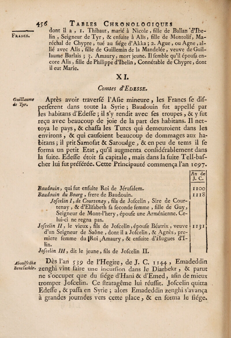 lin , Seigneur de Tyr, & enfuite à Alis, fille de Montolif, Ma¬ réchal de Chypre , tué au fiége d’Akka ; 2. Ague, ou Agne , al¬ lié avec Alis, fille de Guillemin de la Mandelée, veuve de Guil¬ laume Barlais ; 3. Amaury, mort jeune. Ilfemble qu’il époufa en¬ core Alis, fille de Philippe d’Ibelin, Connétable de Chypre , dont il eut Marie, XI. Comtes cI'Edesse* Guillaume de Tyr. Après avoir traverfé PAfie mineure, les Francs fe dîf- perferent dans toute la Syrie ; Baudouin fut appelle par les habitans d’Edeffe ; il s’y rendit avec fes troupes > ôt y fut reçu avec beaucoup de joie de la part des habitans. Il net¬ toya le pays, & chaflfa les Turcs qui demeuraient dans les environs , & qui caufoient beaucoup de dommages aux ha^ bitans; il pritSamofat & Saroudge , & en peu de tems il fe forma un petit Etat, qu’il augmenta confidérablement dans la fuite. Edeffe étoit fa capitale, mais dans la fuite Tell-baf- cher lui fut préférée. Cette Principauté commença l’an 1097, Baudouin , qui fut enfuite Roi de Jérufalem. Baudouin du Bourg , frere de Baudouin. Jofcelin l,.de Courtenay , fils de Jofcelin , Sire de Cour- tenay , & d’Elifabeth fa fécondé femme , fille de Guy, Seigneur de Mont-l’hery, époufe une Arménienne. Ce¬ lui-ci ne régna pas. Jofcelin 11, le vieux, fils de Jofcelin,époufe Béatrix, veuve d’un Seigneur de Saône , dont il a Jofcelin, & Agnès, pre¬ mière femme du |Roi ^Amaury, & enfuite d’Hugues d’I- lin. Jofcelin HT, dit le jeune, fils de Jofcelin IL An de J. C. Il 00 1118 1131 Aboulfeàha Dès l’an y 39 de FHegire, de J. C. 11445 Emadeddin BeneUMr. zenghi vint faire une incurfion dans le Diarbekr , & parut ne s’occuper que du liège d’Haniôt d’Emed, afin de mieux tromper Jofcelin. Ce llratagême lui réufiit. Jofcelin quitta Edeffe , & pafia en Syrie; alors Emadeddin zenghi s’avança à grandes journées vers cette place ; ôc en forma le fiége»