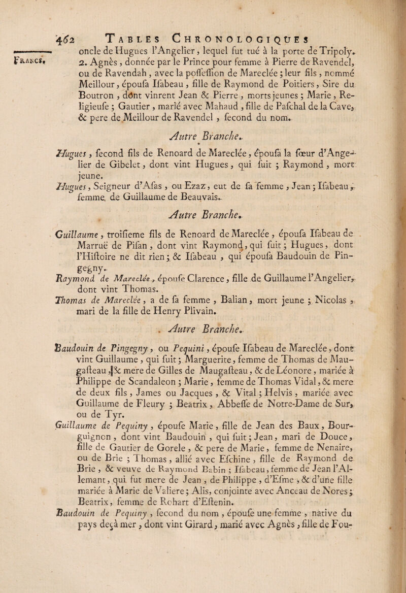 .——... oncle de Hugues PAngelier, lequel fut tué à la porte de Tripoly» F&AKCSt 2. Agnès, donnée par le Prince pour femme à Pierre de Ravendeî, ou de Ravendah , avec la pollefîion de Mareclée ; leur fils, nommé Meillour, époufa Ifabeau , fille de Raymond de Poitiers, Sire du Boutron , d<3nt vinrent Jean & Pierre , morts jeunes ; Marie , Re- ligieufe ; Gautier , marié avec Mahaud , fille de Pafchal de la Cave* ôc pere de Meilleur de Ravendel , fécond du nom. Autre Branche.. Hugues, fécond fils de Renoard de Mareclée, époufa la fœur d?Ange^' lier de Gibelet, dont vint Hugues, qui fuit ; Raymond , mort jeune. Hugues, Seigneur d’Afas , ouEzaz, eut de fa femme , Jean ; Ifabeau r femme, de Guillaume de Beauvais., Autre Branche*. Guillaume , troifîeme fils de Renoard de Mareclée , époufa Ifabeau de Marruë de Pifan , dont vint Raymond, qui fuit; Hugues, dont PHiftoire ne dit rien ; & Ifabeau , qui époufa Baudouin de Pin- gegny- Raymond de Mareclée, époufe Clarence, fille de Guillaume PAngelier, dont vint Thomas. Thomas de Mareclée, a de fa femme , Balian s mort jeune ; Nicolas * mari de la fille de Henry Piivain. . Autre Branche. Baudouin de Pingegny , ou Pequini, époufe Ifabeau de Mareclée, dont vint Guillaume , qui fuit; Marguerite, femme de Thomas de Mau- gafieau ,|3e mere de Gilles de Maugafteau, & de Léonore, mariée à Philippe de Scandaleon ; Marie, femme de Thomas Vidal, & mere de deux fils , James ou Jacques , & Vital ; Helvis , mariée avec Guillaume de Fleury ; Beatrix , Abbeffe de Notre-Dame de Sur* ou de Tyr. Guillaume de Pequiny , époufe Marie, fille de Jean des Baux, Bour¬ guignon , dont vint Baudouin , qui fuit ; Jean, mari de Douce, fille de Gautier de Gorele , & pere de Marie, femme de Nenaire, ou de Brie ; Thomas , allié avec Efchine , fille de Raymond de Brie , & veuve de Raymond Rabin ; Ifabeau, femme de Jean P Al¬ louant, qui fut mere de Jean , de Philippe , dTTrne , & d’une fille mariée à Marie de Valiere ; Alis, conjointe avec Anceau de Nores; Beatrix, femme de Rohart d’Eftenin. Baudouin de Pequiny , fécond du nom , époufe une femme , native du pays deçà mer , dont vint Girard ; marié avec Agnès, fille de Fou-