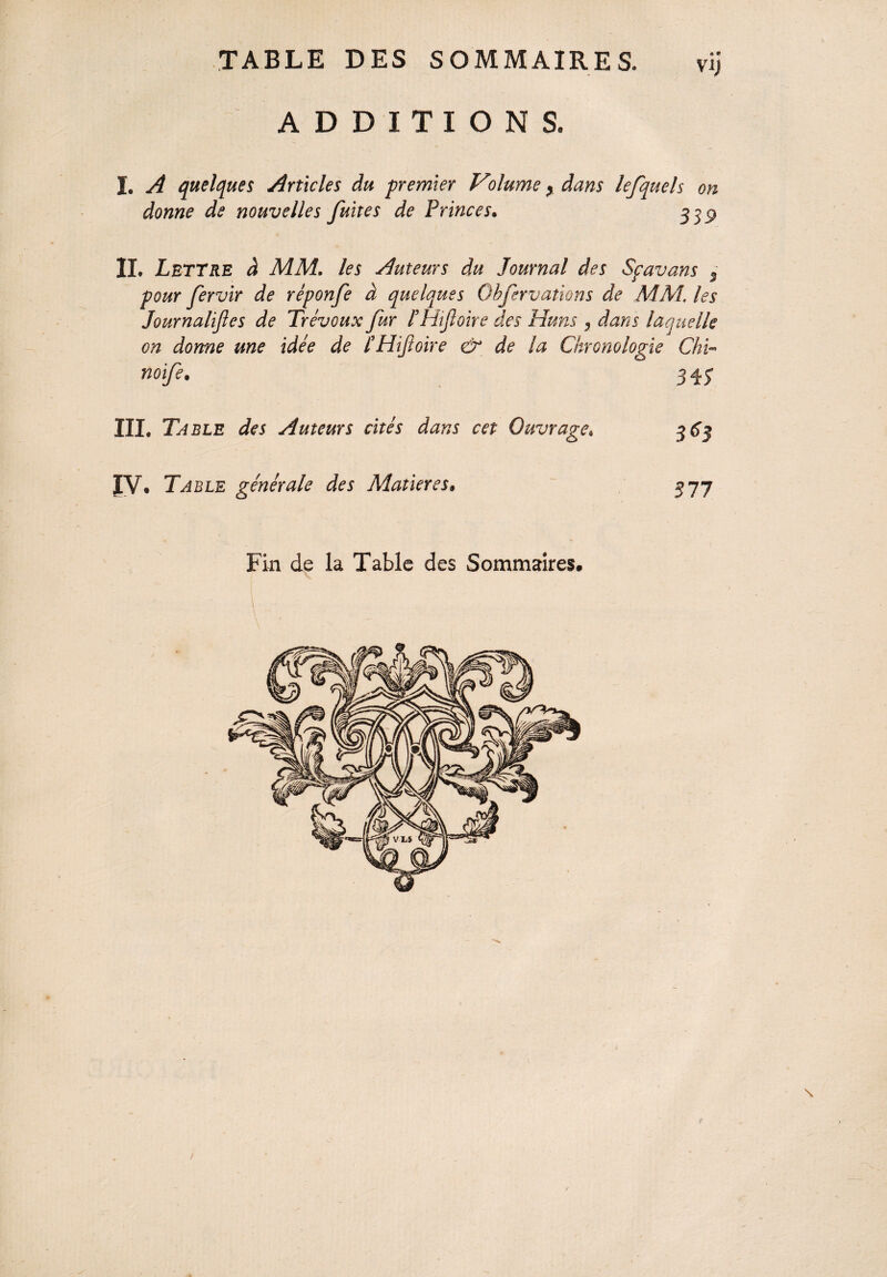 VI) ADDITIONS. I. A quelques Articles du premier Volume, dans lefquels on donne de nouvelles fuites de Princes• 339 IL Lettre à MM. les Auteurs du Journal des Sçavans 3 pour fervir de réponfe à quelques Obfervations de MM' les Journalifles de Trévoux fur FHiJloire des Huns , dans laquelle on dorme une idée de FHifoire & de la Chronologie Chi« noife. III. Table des Auteurs cités dans cet Ouvrage. IV. Table générale des Matières, 363 577 Fin de la Table des Sommaires. \