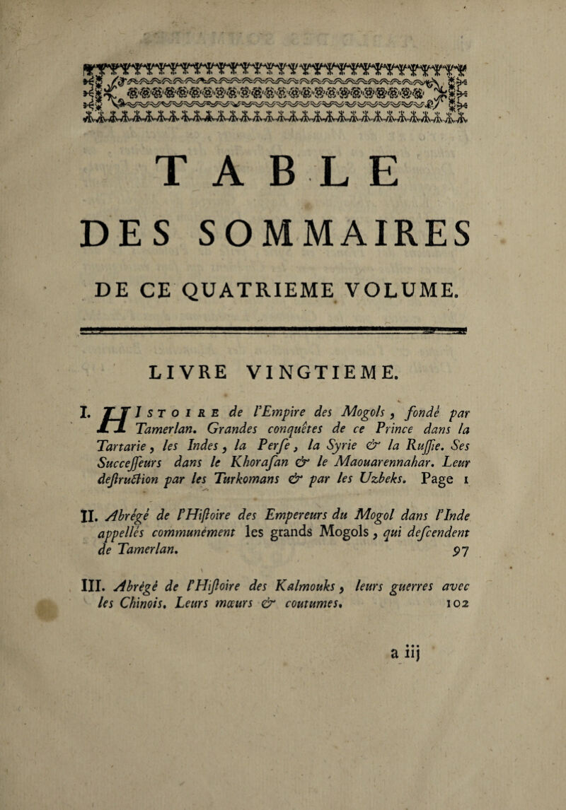 TABLE DES SOMMAIRES DE CE QUATRIEME VOLUME. > • LIVRE VINGTIEME. v L TJ J s T o i R E de l'Empire des Mogo/s , fonde par JL JL Tamerlan. Grandes conquêtes de ce Prince dans la Tartarie, les Indes, la Perfe, la Syrie & la Rujfe. Ses Succejfeurs dans le Khorafan le Maouarennahar. Leur dejlruâlion par les Turkomans & par les Uzbeks. Page i IL Abrégé de l'Hiftoire des Empereurs du Mogol dans l'Inde appelles communément les grands Mogols > qui defcendent de Tamerlan. P7 / , \ III. Abrégé de l'Hifloire des Kalmouks * leurs guerres avec les Chinois, Leurs mœurs & coutumes• 102