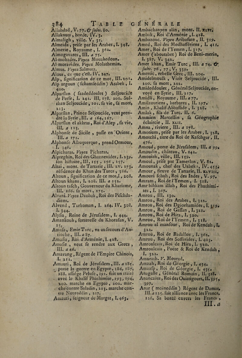 Allahdad , V. 77. &fuiv. 80. Allaknuts , horde. IV. 3. Almaligh , ville. V. 31. Almeida , prife par les Arabes, I. 348. Almerie, Royaume, I. 362, Almogavares, III. a 71- Ai-mohades. Voyez Mouahedoun, Al-moravides. Voyez Molathemin. Almus. Voyez Sahrunz. Alous, ce que c’eft. IV. 247» Alp , lignification de ce mot, III. 20t. Alp argoun ( fchamfeddin ) Atabek , I. 410. Alparflan ( faadeddoulet ) Seljoucide de Perfe, I. 241. III, 178. 200. Sul- than Seljoucide , 201. fa vie, fa mort, / 213* ' Alparflan , Prince Seljoucide, veut pren¬ dre la Syrie , III. a 164,167. Alparflan el akhras, Roi d’Alep , fa vie, III, a 113. Alphonfe de Sicile , pafle en Orient > III. a 171. Alphonfe Albuquerque, prendOrmous, ï» 3 46. Alpicharas. Voyez Picharas. Alpreghin, Roi des Ghaznevides, I. 23p. Ion hiftoire, III, 155 , i?6 , 157, Altai , mont, de Tartarie, III. lv. 273* réfidence du Khan des Turcs , 3 86. Aîtoun , lignification de ce mot,1, 208. Altoun khans, I. 208. III. a 252. Altoun tafch, Gouverneur du Kharizme, lîl. 166. fa mort, 17?. Alvani. Voyez Dzohak, Roi des Pifchda- diens. Alvend , Turkoman, I. 264. IV. 308.. I. 344* Alyfîa, Reine de Jérufalem, I, 444. Amankouh, forterefle du Khorafan, V. lU Aniafa, Emir Turc, va aufecours d’An¬ tioche , III. a 87. Amafia , Roi d’Arménie, L 428. Amafie , veut fe rendre aux Grecs , III. a 46. Amavang , Régent de l’Empire Chinois, L 211. Amauri, Roi de Jérufalem ,III. a 185. porte la guerre en Egypte, 186, 187, 188. afllége Pelufe,ipt. fait un traité avec le Khalif Phathimite, 1P3, ip4, aoo. marche en Egypte, 202. mar¬ che contre Saladin, 213. marche con¬ tre Noureddin , 217. Anvaun, fe.igneur deMargat, 1,463, Ambachanyen alin , mont. II. xlVï. Ambak, Roi d’Arménie ,1.428. Ambazouc. Voyez Aribafute , II. 31p. Amed , Roi des Modhaffériens, I. 411. Amer, Roi de i’Yemen, I. 3 17. Amer ( aboutabet ) Roi de Beni-merin, I. 387. V. 342. Amer khan, Emir Turc , III. a 74. fuiv- 76 , 77, V. 33p. Amertic, rebelle Grec, III. 204. Amidelmoulk , Vizir Seljoucide , III. 200. fa mort, 202. Amideddoulet, Général Seljoucide, en¬ voyé en Syrie, III. 217. Amidli, Royaume, IIÏ. 477. Amilzouriens, barbares , II. 25*7. Amin , Khalif Abbaflide , I. 3 28. Amlak, fils de Turc. II. 6. Ammien Marcellin , la Géographie éclaircie , II. xlii. Amna, riviere, III. a 178. Amorium, prife par les Arabes, I. 328; Amotchi, titre du Roi de Kafchgar, II. 476. Amoud, porte de Jérufalem, III. a pp, Amoudin , château, V. 142. Amouiah„ ville, III. 1 fp. Amoui, prife par Tamerlan , V. 82. Amounak , chef des Uzbekf, IV. 4^3; Amour , fleuve de Tartarie, H. jclviiu- Amouvi fchah, Roi des Indes, V. P7. Amram, Roi de l’Yemen , I. 318. Amrbihkam illah, Roi des Phathimi- tes, I. 367. Amrou, III. 130. Amrou, Roi des Arabes, I. 322. Amrou, Roi des Dgiorhamides, I. 3 rp, Amrou, Roi de Gaflàn , I, 321, Amrou, Roi de Hira, I. 3 20. Amrou, Roi de l’Yemen, I. 318, Amrou al manfour , Roi de Kendah, I, 322. Amrou, Roi de Badalîoz , I. 362. Amrou, Roi des SofFarides, I. 403. Arnroulcaïs, Roi de Hira,I. 320. Amroulcais, Poëte 8c Roi de Kendah I. 322. Amurath. V. Mourad. Arnzah, Roi de Géorgie , I. 434. Amzafp, Roi de Géorgie, I. 435'. Anagafte , Général Romain, II. 318. Anancaius, Roi des Ouittigours, II. $pf, 3 97* Anar ( moïneddin ) Régent de Damas, III. a 125. fait alliance avec lesFrancs, 126, Sa bonté envers les Francs , iii. « I