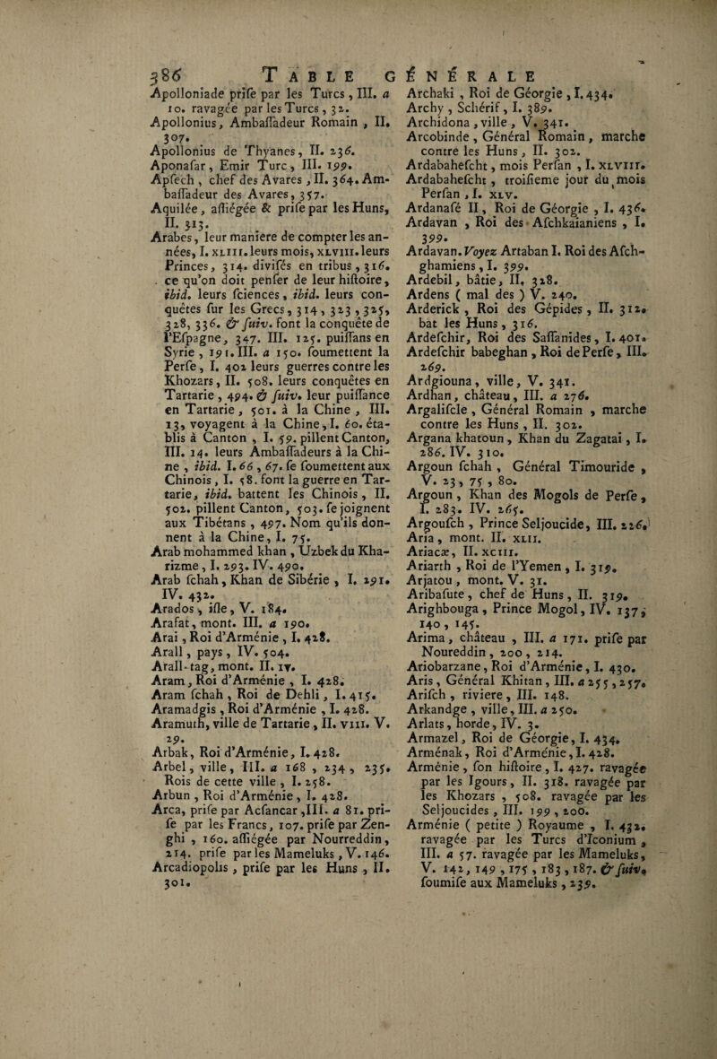 6 Table g Apolîonîade prife par les Turcs, III. a xo. ravagée par les Turcs , 32. Apollonius, Ambalîadeur Romain , II, 3°7* Apollonius de Thyanes, II. 236. Aponafar, Emir Turc, III» W» Apfech , chef des Avares, II. 364. Am- bafladeur des Avares, 357. Aquilée, afliégée & prife par les Huns, ïï. W- Arabes, leur maniéré de compter les an¬ nées, I. xliii.leurs mois, xlviii.leurs Princes, 314. divifés en tribus, 316, . ce qu’on doit penfer de leurhiftoire, ibid, leurs fciences, ibid. leurs con¬ quêtes fur les Grecs,314, 32.3 , 32.5* 328, 336, & fuiv. font la conquête de l’Efpagne, 347. III. 12?. puiflans en Syrie, 191,III, a 150. foumettent la Perfe, I. 401 leurs guerres contre les Khozars, II. 508. leurs conquêtes en Tartarie, 494. & fuiv, leur puiffance en Tartarie, 501. à la Chine , III. 13, voyagent à la Chine,I. 60. éta¬ blis à Canton , I. 59. pillent Canton, III. 14. leurs Ambaffadeurs à la Chi¬ ne , ibid. 1.66,67. fe foumettent aux Chinois ,1. ^8. font la guerre en Tar¬ tarie, ibid. battent les Chinois, II. 502. pillent Canton, 503. fe joignent aux Tibétans , 497. Nom qu’ils don¬ nent à la Chine, I. 75. Arab mohammed khan , Uzbekdu Kha- rizme, I. 293. IV. 490, Arab fchah. Khan de Sibérie , I. 191* IV, 43 Arados, ifle, V. 184, Arafat, mont. III. a 190, Arai, Roi d’Arménie , I. 428. Arall, pays, IV. 504. Arall* tag, mont. IL iv. Aram,Roi d’Arménie , I. 428. Aram fchah , Roi de Dehli, I. 415. Aramadgis , Roi d’Arménie , I. 428. Aramuth, ville de Tartarie, IL vin. V, z9' Arbak, Roi d’Arménie, I.428. Arbel, ville, III. a 168 , 234, 235. Rois de cette ville , I. 258. ' Arbun , Roi d’Arménie, I. 428. Area, prife par Acfancar ,IIL a 81. pri¬ fe par les Francs, 107. prife par Zen- ghi > 160. afliégée par Nourreddin, 214. prife par les Mameluks, V. 146. Arcadiopolis , prife par les Huns , II. 301. t N É R A l E Archaki , Roi de Géorgie ,1.434. Archy , Schérif, I. 389. Archidona , ville , V. 341. Arcobinde , Général Romain , marche contre les Huns, IL 302. Ardabahefcht, mois Perfan , I. XLViir. Ardabahefcht , troifieme jour du ( mois Perfan , L xlv. Ardanafé II, Roi de Géorgie , I. 43 é* Ardavan , Roi des Afchkaianiens , I. 3 99* Ardavan. Voyez Artaban I. Roi des Afch- ghamiens, I. 399. Ardebil, bâtie, II, 328. Ardens ( mal des ) V. 240. Arderick , Roi des Gépides, IL 312, bat les Huns, 316. Ardefchir, Roi des Saffanides, 1.401. Ardefchir babeghan , Roi de Perfe , IIL 2 69. Ardgiouna, ville, V. 341. Ardhan, château, III. a 276, Argalifcle , Général Romain , marche contre les Huns, IL 302. Argana khatoun, Khan du Zagatai, I* 286. IV. 310. Argoun fchah , Général Timouride , V. 23, 7? , 8o. Argoun, Khan des Mogols de Perfe , I. 283. IV. 265'. Argoufch , Prince Seljoucide, III, 22F* Aria, mont. IL xlii. Ariacæ, IL xenr. Ariarth , Roi de l’Yemen, I. 319. Arjatou , mont. V. 31. Aribafute , chef de Huns, IL 319. Arighbouga , Prince Mogol, IV. 137, 140 , 14f. Arima, château , III. a 171. prife par Noureddin, 200, 214. Ariobarzane, Roi d’Arménie, I. 430. Aris , Général Khitan, III, * 255,2$7* Arifch , riviere , III. 148. Arkandge , ville, III. a 250. Arlats, horde, IV. 3. Armazel, Roi de Géorgie, I. 434. Arménak, Roi d’Arménie, 1.428. Arménie , fon hiftoire , I. 427. ravagée par les Igours, IL 318. ravagée par les Khozars , 508. ravagée par les Seljoucides , III. 199,200. Arménie ( petite ) Royaume , I. 432. ravagée par les Turcs d’Iconium a III. a 57. ravagée par les Mameluks, V. 141, i49 ,175 » 183,187. & fuivç foumife aux Mameluks, 239.