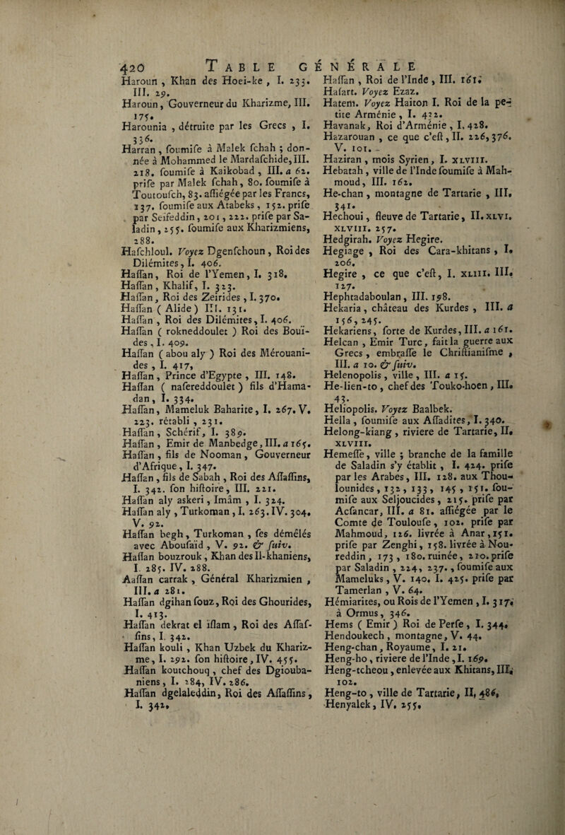 Haroun , Khan des Hoei-ke , I. 235, III. 25?. Haroun, Gouverneur du Kharizme, III, Harounia , détruite par les Grecs I. 336. Harran , foumife à Malek fchah ; don¬ née à Mohammed le Mardafchide,III. 218. foumife à Kaikobad , III. a 62. prife par Malek fchah, 80. foumife à Toutoufch, 83. aftiégée par les Francs, 237. foumife aux Atabeks, 152. prife par Seifeddin , 201,222. prife par Sa- ladin ,255. foumife aux Kharizmiens, 288. Hafchlouî. Voyez Dgenfchoun , Roi des Dilémites,I. 406. Haffan, Roi de l’Yemen, I. 31S, Haffan , Khalif, I. 323. Haffan, Roi des Zeirides, I. 370. Haffan ( Alide ) III. 131. Haffan , Roi des Dilémites,I. 406. Haffan ( rokneddoulet ) Roi des Bour¬ des , I. 409. Haffan ( abou aly ) Roi des Mérouani- des , I. 417, Haffan, Prince d’Egypte , III. 148* Haffan ( nafereddoulet ) fils d’Hama- dan, I. 334. Haffan, Mameluk Baharite, I. z6j, V, 223. rétabli ,231. Haffan, Schérif, I. 389. Haffan, Emir de Manbedge, III. a i6f. Haffan , fils de Nooman , Gouverneur d’Afrique, I. 347. Haffan , fils de Sabah , Roi des AfTaflins, I. 342. fon hiftoire, III. 221. Haffan aly askeri, Imam , I. 324. Haffan aly , Turkoman , I. 263. IV. 304, V. 92. Haffan begh, Turkoman , fes démêlés avec Aboufaid , V. 92. & fuiv. Haffan bouzrouk, Khan des Ii-khaniens, I. 285. IV. i88., Aafîan carrak , Général Kharizmien , III. a 281. Haffan dgihan fouz, Roi des Ghourides, R 413* Haffan dekrat el ïftam, Roi des AfTaf- • fins, I. 342. Haffan kouli , Khan Uzbek du Khariz¬ me, I. 292. fon hiftoire, IV. 45Ç. Haffan koutchouq , chef des Dgiouba- niens, I. 284, IV. 286. Haffan dgelaleddin, Roi des AfTaflins, I. 341* Haffan , Roi de l’Inde , III. 161« Hafart. Voyez Ezaz. Hatenl. Voyez Haiton I. Roi de la pe-* tite Arménie , I. 422. Havanak, Roi d’Arménie, 1,428» Hazarouan , ce que c’eft, II. 226,376. V. 101. - Haziran , mois Syrien, I. xlviii. Hebatah, ville de l’Inde foumife à Mah¬ moud, III. 162. He-chan , montagne de Tartarie , III* 341. Hechoui, fleuve de Tartarie, II.xlvi, xlviii. 257. Hedgirah. Voyez Hegire. Hegiage , Roi des Cara-khitans , I. 206, Hegire , ce que c’eft, I. xliii. HR 127. Hephtadaboulan, III. 158. Hekaria, château des Kurdes , III. a MR* 45. Hekariens, forte de Kurdes, III. a i6r. Helcan , Emir Turc, fait la guerre aux Grecs, embraffe le Chriftianifme t III. a iq. & fuiv. Helenopolis , ville, III. a if. He-lien-to , chef des Touko-hoen , IIL t Heliopolis. Voyez Baalbek. Hella , foumife aux Affadites, I. 34o. Helong-kiang , riviere de Tartarie, II. XLVIII. Hemeffe, ville ; branche de la famille de Saladin s’y établit , I. 42-4* prife parles Arabes, III. 128. aux Thou- lounides ,132,133, 145,151. fou¬ mife aux Seljoucides, 215. prife par Acfancar, III. a 81. afliégée par le Comte de Touloufe, 102. prife par Mahmoud, 126. livrée à Anar,ifi* prife par Zenghi, 158. livrée à Nou- reddin, 173, 180. ruinée, 210*prife par Saladin ,224, 237., foumife aux Mameluks, V. 140. I. 425. prife par Tamerlan , V. 64. Hémiarites, ou Rois de l’Yemen , I. 317* à Ormus, 346. Hems ( Emir ) Roi de Perfe , I. 344. Hendoukech, montagne,V. 44. Heng-chan, Royaume, I. 21. Heng-ho, riviere de l'Inde, I. 169* Heng-tcheou, enlevée aux Khitans, IIï* 102. Heng-to , ville de Tartarie, II, 486, Henyalek, IV* 255*