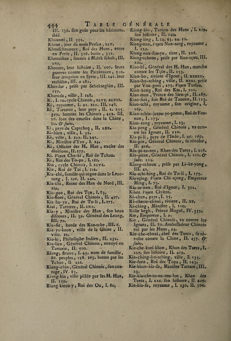 <â^ 4- ^ T* A B L E G III. r3p« Ton goût pour les bâtimens. ibid. Khounni , II. 3^2, Khour , jour du mois Perfan , xlv. Kboufchnaouaz , Roi des Huns, entre en Perfe , II. 318. battu , 331. IChouziftan , fournis à Malek fchah, III. z6o. Khozars, leur hiftoire , II. '507. leurs guerres contre les Patzinaces , 510. leur irruption en Syrie , III. 241. leur trahifon, III. a 282. Khozdar , prife par Sebekteghin, III. i*7« Khuroda, ville , 1.148. K., I. 10. cycle Chinois, xlvi. xlvii. Ki, royaume, I. 91. izz» III. 148. Ki, Tartares , leur pays , II. l. 205. 399. battent les Chinois , 452. III. 26. font des courfes dans la Chine , 80. (jr fuiv• Ki, pays du Captchaq , II. lxx* Ki-hien , ville, I. 91. Ki, ville, I. 102. II. 24T. Ki, Miniftre d’Yao , I. 14. Ki, Officier des H. Han , excite des divihons, II. 177. Ki. Voyez Che-ki , Roi de Tchao. Ki, Roi des To-pa , I. i8r. Kia , cycle Chinois, I. xlvi. Kia, Roî de Tai ,1. 112. JKia-chi, famille qui régné dans le Leao- tong , I. 196. II. 240. Kia-chi, Reine des Han du Nord,III. 119. Kia-gao, Roi des Tcu, I. 83. Kia-hoei, Général Chinois , II. 497, Kia ho-yu. Roi de Ta-li,1.175. Kiai, Tartares, II. lut. Kia-y , Miniftre des Han , fon beau difcours, II. 39» Général des Leang, III. 70. Kia-fie , horde des Kao-tche , III. 6. Kia-yu-koan , ville delà Ghine , II. vin. rx. / Kia-kj, Philofophe Indien, II. 232. Kia-lien , Général Chinois, envoyé en Tartarie, II. 500. Kiang, fleuve yI. 45» nom de famille, S6. peuples, 158. 163. battus par les Tchao , IL 221. Kiang-clnn, Général Chinois, fon cou¬ rage ,IV. 83. Kiang-hia , ville pillée par les H, Han, II. 159* & N H R A L E Kiang-kiu , Tanjou des Huns > I. 2r?« fon hiftoire , II. 140. Kiang-ling , I. 22. 43* 44» 5°* Kiang-nan. Voyez Nan-tang, royaume , I. I2j?. Kiang-nou-fou-yu, titre , II. 106. Kiang-tcheou, prife par Kao-tçou, III. IOO. Kiao-hi, Général des H. Han, marche contre les Tçin , II. 153. Kiao-ho, riviere d’Igour, IL xxxiiï. Kiao-ho-tching , ville, II. xxxi. prife par Vou-goei ,275. Voyez Turfan. Kiao-kong, Roi des Kiu,I. 101. Kiao-man , Prince des Sien-pi ,11.287. Kiao-futi, fait Roi de Taouan, II. 113» Kiao-tchi, royaume , fon origine, I, 169. Kiao-tchin-jutou-ye-pomo, Roi de Fou- nan , I. 173. Kiao -tong , royaume, I. 23. Kia-peng , Général Chinois , va con¬ tre les Igours, II. 120. Kia-pi-li, pays de l’Inde, I. 4?» Kia-pin , Général Chinois, fa révoltei II. 496, Kia-pi-ta-tou , Khan des Turcs, 1.128. Kia-pitan, Général Chinois ,1. 210. & fuiv. 214. Kiang-tcheou , prife par Li-ke-yong T III. 42. Kia-tchi-hing , Roi de Ta-li , I. iyy. Kia-tçing. Voyez Chi-tçong, Empereur Ming, I. 73-. Kia-te-nou , Roi d’Igour, I. 302. Kibot. Voyez Civitot. Ki-chan, pays ,L i?. Ki-cheou-choui, riviere, II. xv. Ki-ching , Miniftre , I. 110. Kidir begh , Prince Mogol, IV. 3519 Kie r Empereur , I. 9. Kie , Général Chinois , va contre les- Igours, II. 8i. Ambaftadeur Chinois tué par les Huns, 94. Kie-che-choai, chef des Turcs, fe ré¬ volte contre la Chine, IL 437. & fuiv. Kie-che kuei khan , Khan des Turcs,!* 227. fon hiftoire , II. 469, Kie-ching-ko-tching, ville, L 13^ Kie-fuen , Roi des Topa , II. 143. Kie-khan-kia-fu, Miniftre Tartare, III* 23\ Kie-kia-che-to-na-tou-lan , Khan des Turcs, I. 226. fon hiftoire , II. 405*