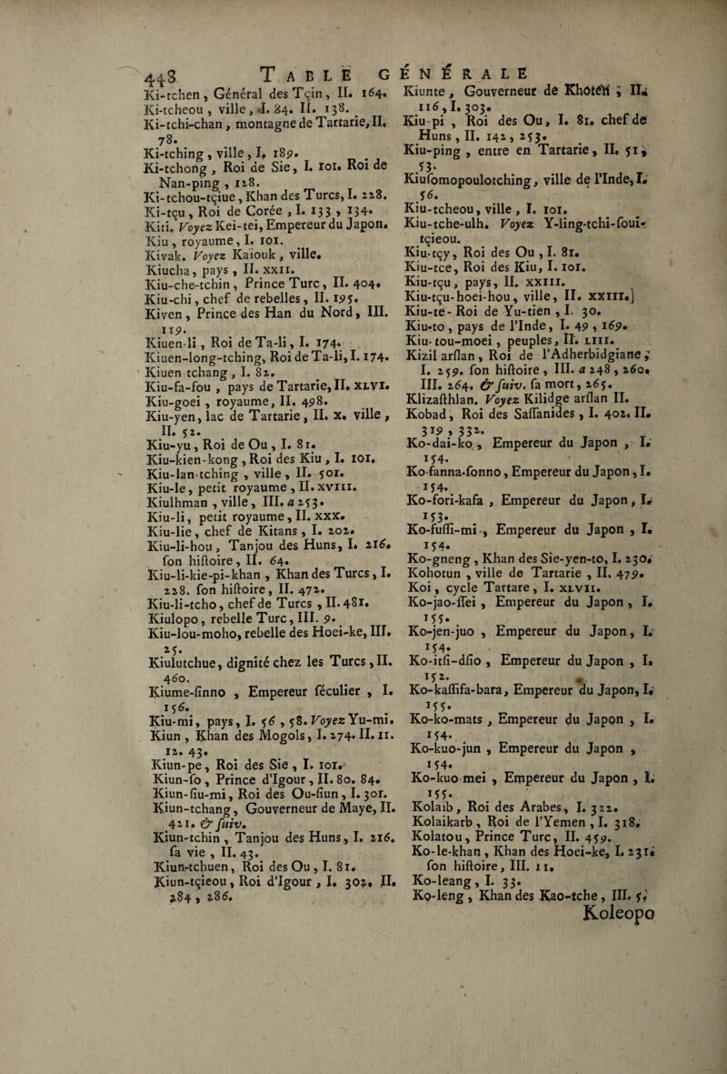 Ki-tchen, Général desTçin, II. 164. Ki-tcheou , ville, J. 84. II. 138. ^ Ki-tchi-chan , montagne de Tartarie, II« 78. < Ki-tching , ville , I, 18p. Ki-tchong , Roi de Sie, I. loi. Roi de Nan-ping , 128. Ki-tchou-tçiue, Khan des Turcs, I. 228. Ki-tçu, Roi de Corée , I. 133 > *34* Kitu Voyez Kei-tei, Empereur du Japon. Kiu , royaume, I. 101. Kivak. Voyez Kaiouk, ville. Kiucha, pays , II. xxii. Kiu-che-tchin , Prince Turc, II. 4<H* Kiu-chi, chef de rebelles, II. 19 $• Kiven, Prince des Han du Nord, III. 119. Kiuen-li, Roi deTa-li, I. 174* Kiuen-long-tching, Roi de Ta-li, 1.174. Kiuen tchang , I. 82. Kiu-fa-fou , pays de Tartane, II* xlvi. Kiu-goei, royaume, II. 498. Kiu-yen, lac de Tartarie , II. x. ville , II. $2. Kiu-yu, Roi de Ou , I. 81. Kiu-kien-kong ,Roi des Kiu , I. 101. Kiu-lan-tching , ville, II. foi. Kiu-Ie, petit royaume , II.xvm. Kiulhman , ville, III. a 2^3. Kiu-li, petit royaume, II. xxx. Kiu-lie, chef de Kitans, I. 202. Kiu-li-hou , Tanjou des Huns, I. 216. fon hiftoire , II. 64* Kiu-li-kie-pi-khan , Khan des Turcs, I. 228. fon hiftoire, II. 472. Kiu-li-tcho, chef de Turcs , II. 481. Kiulopo, rebelle Turc, III. 9* Kiu-lou-moho, rebelle des Hoei-ke, III. 25. Kiulutchue, dignité chez les Turcs, II. 460. Kiume-fînno , Empereur féculier , I. 15 6, Kiu-mi, pays, I. $6,58. VoyezYu-mi. Kiun , Khan des JVIogols, I. 274.II.11. 12.43* Kiun-pe, Roi des Sie , I. 101. Kiun-fo , Prince d’Igour, II. 80. 84. Kiun-fiu-mi, Roi des Ou-fîun, 1.3or. Kiun-tchang, Gouverneur de Maye, II. 421. & fuiv, Kiun-tchin , Tanjou des Huns , I. 216, fa vie , II. 43. Kiun-tchuen, Roi des Ou , I. 81. Kiun-tçieou, Roi d’Igour , I. 30^. II. 284 , 286. Kiunte, Gouverneur de KhôtéR , IL, 116,1.303. Kiu pi , Roi des Ou, I. 81. chef de Huns, II. 142 , 2f 3. Kiu-ping , entre en Tartarie, II. 51 * .53* Kiufomopoulotching, ville de l’Inde, I* S6. Kiu-tcheou, ville , I. 101. Kiu-tche-ulh, Voyez Y-ling-tchi-foui* tçieou. Kiu-tçy, Roi des Ou , I. 8r. Kiu-tce, Roi des Kiu, 1.101. Kiu-tçu, pays, II. xxnr. Kiu-tçu-hoei-hou, ville, II. xxill.| Kiu-te- Roi de Yu-tien , I. 30. Kiu-to , pays de l’Inde, I. 49 , 169. Kiu-tou-moei, peuples, II. liii. Kizil arftan , Roi de l’Adherbidgiane ; I. 259. fon hiftoire , III. a 248,260. III. 264. & fuiv. fa mort, 2 6$, Klizafthlan. Voyez Kilidge arflan IL Kobad, Roi des Saiïanides , I. 402. II# SI9 y 332- , Ko-dai-ko, Empereur du Japon , I# i54. Ko-fanna-fonno, Empereur du Japon, I. 154., Ko-fori-kafa , Empereur du Japon, I# M3* Ko-fufti-mi -, Empereur du Japon , I# i54. Ko-gneng , Khan des Sie-yen-to, I. 230# Kohotun , ville de Tartarie , IL 479. Koi, cycle Tartare , I. xlvii. Ko-jao-flei , Empereur du Japon , I# i?ï* Ko-jen-juo , Empereur du Japon, I. if4* Ko-itfi-dfto , Empereur du Japon , I. 1^2. ^ Ko-kaflifa-bara, Empereur du Japon, I# Ko-ko-mats , Empereur du Japon , I. 154. Ko-kuo-jun , Empereur du Japon , 154* Ko-kuo mei , Empereur du Japon , L 155- Kolaib, Roi des Arabes, I. 322. Kolaikarb , Roi de l’Yemen , I. 318. Kolatou, Prince Turc, IL 45p. Ko-le-khan , Khan des Hoei-ke, I. 231# fon hiftoire, III. 11, Ko-leang ,1. 33. Ko4eng , Khan des Kao-tche, III. Koleopo