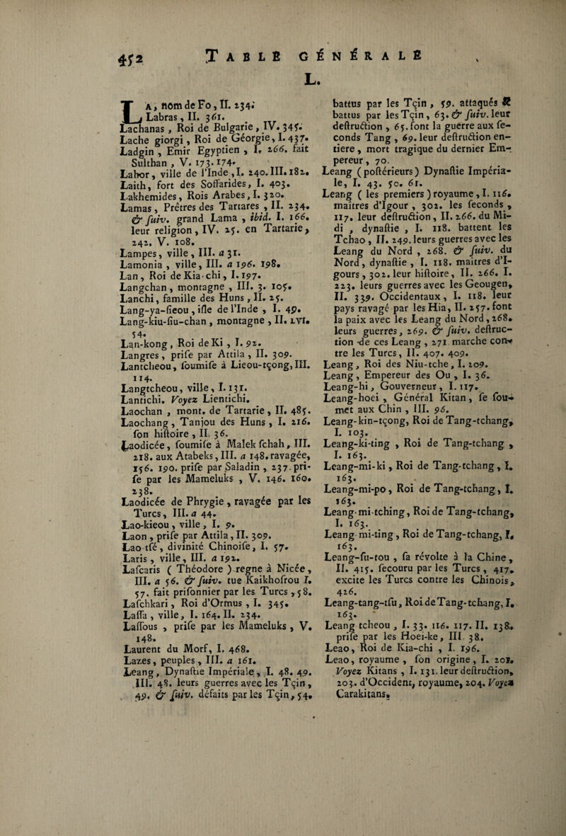 Table \ 4J2 GÉNÉRALE 1 L à, nom de Fo, II. 134»' Labras, II. 3^1. # _ Lachanas , Roi de Bulgarie, IV. 34?* Lâche giorgi, Roi de Géorgie, 1.437* Ladgin , Emir Egyptien , L 166. fait Sulthan , V. 173* I74* Lahor, ville de l’Inde ,1. 240. III. 182# Laith, fort des Soffarides, I. 4°3* Lakhemides, Rois Arabes, I. 32,0. Lamas, Prêtres des Tartares , IL 2,34* & fuiv. grand Lama , tbid. I. 166» leur religion, IV. 15. en Tartarie^ 242. V. 108. Lampes, ville , III. a 31. Lamonia , ville, III. a 196. 198* Lan, Roi de Kia chi, I.197. Langchan, montagne , III. 3. 105:* Lanchi, famille des Huns, IL 25. Lang-ya-fîeou, ifle de l’Inde , I. 4P* Lang-kiu-fiu-chan , montagne , II. lvu Lan-kong, Roi deKi , I. 92* Langres , prife par Attila , II. 309. Lantcheou, foumife à Lieou-tçong, III. II4* Langtcheou, ville, 1.131. Lantichi. Voyez Lientichi. Laochan , mont, de Tartarie, II. 48?. Laochang, Tanjou des Huns, I. 2.16. fon hiftoire , IL 3 6. ^aodicée, foumilè à Malek fchahIII. 218. aux Atabeks,III. a 148.ravagée, x$6. 190. prife par paladin , 237. pri¬ fe par les Mameluks , V. 146. iéo* 238. Laodicée de Phrygie , ravagée par les Turcs, III. a 44. Lao-kieou , ville , I. p. Laon , prife par Attila, II. 305. Lao tfé, divinité Chinoife, I. 57. Laris, ville, III. <11511. Lafcaris ( Théodore ) régné à Nicée, III. a 5 6. & fuiv. tue Kaikhofrou I. 57. fait prifonnier par les Turcs ,58. Lafchkari, Roi d’Ormus , I. 345. La (Ta , ville, I. 164» II. 234» Laiïous , prife par les Mameluks , V# I4&* Laurent du Morf, I. 468. Laz.es, peuples , III. a i6u Leang, Dynaftie Impériale, I. 48. 49. III. 48. leurs guerres avec les Tçin, 49. & fuiv. défaits parles Tqin*54» battus par les Tçin , attaqués & battus par les Tçin, 6 5. & fuiv.leuî deftruélion , 6 5. font la guerre aux fé¬ conds Tang , 69. leur deftru&ion en¬ tière , mort tragique du dernier Em¬ pereur , 70. Leang (poftérieurs) Dynaftie Impéria- le, I. 43. fo. 6r. Leang ( les premiers )royaume,1.116. maîtres d’Igour , 302. les féconds , 117. leur deftruâion, II. 266. du Mi¬ di , dynaftie , I. 118. battent, les Tchao , II. 249. leurs guerres avec les Leang du Nord , 268. & fuiv. du Nord, dynaftie , I. 118. maîtres d’I- gours , 302. leur hiftoire, II. 266, I. 223. leurs guerres avec lesGeougen, II. 339. Occidentaux, I. 118. leur pays ravagé par lesHia, II. 257. font la paix avec les Leang du Nord, 268. leurs guerres, 269. & fuiv. deftruc- tion -de ces Leang , 271 marche cony tre les Turcs, II. 407. 409. Leang, Roi des Niu-tche, I. 109. Leang, Empereur des Ou , I. 36. Leang-hi, Gouverneur, 1.117» Leang-hoei , Général Kitan, fe fou-i met aux Chin , III. 95. Leang-kin-tcong, Roi de Tang-tchang» I. 103. Leang-ki-ting , Roi de Tang-tchang , I. 163. Leang-mi-ki, Roi de Tang-tchang, L 163. Leang-mi-po, Roi de Tang-tchang, I, *6 3. Leang-mi-tching, Roi de Tang-tchang, I* 16*.. Leang mi-ting, Roi de Tang-tchang, I, 16 3. Leang-fu-tou , fa révolte à la Chine, IL 415. fecouru par les Turcs, 417* excite les Turcs contre les Chinois* 426. Leang-tang-tfu, Roi de Tang-tchang, I. 163. Leang tcheou , I. 33. 116. 117. II. 138.. prife par les Hoei-ke, III 3*. Leao, Roi de Kia-chi , I. 196. Leao, royaume, fon origine, L 201» Voyez Kitans , 1.131. leur deftruétion» 203. d’Occident, royaume, 204. Voyez Carakitans.