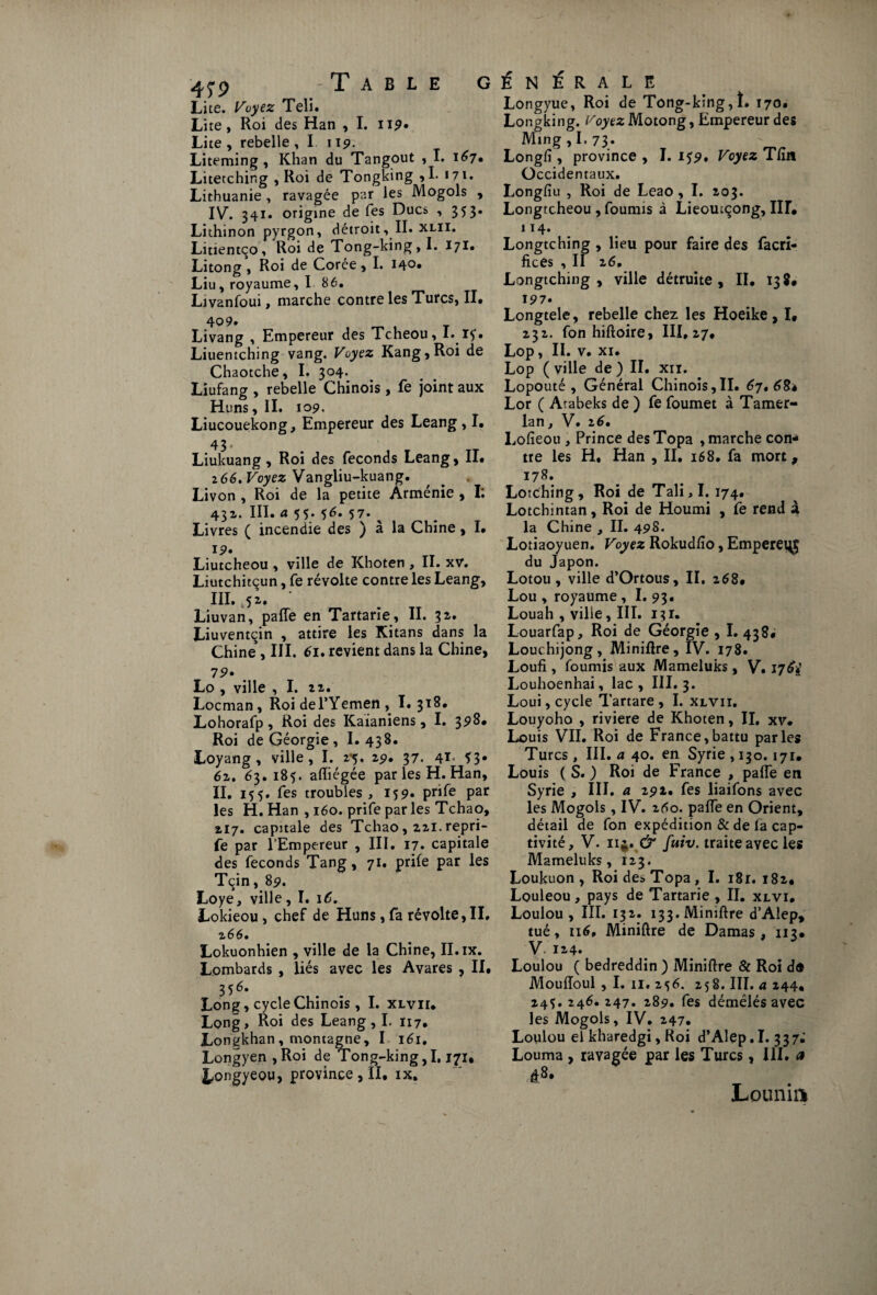 Lite. Voyez Teli. Li te , Roi des Han , I. 119* Lite , rebelle , I 119. Liteming , Khan du Tangout , I. 167. Litetching , Roi de Tongking ,1- 171. Lithuanie , ravagée par les Mogols , IV. 341. origine de Tes Ducs , 353. Lithinon pyrgon, détroit, II. xlii. Litientço, Roi de Tong-king,I. 171. Litong , Roi de Corée, I. I4°« Liu, royaume, I 86. Livanfoui, marche contre les Turcs, II. 4°9. , _ , T Livang , Empereur des Tcheou, 1. iy. Liuentching vang. Voyez Kang,Roi de Chaotche, I. 304. Liufang , rebelle Chinois , fe joint aux Huns, II. 109. Liucouekong, Empereur des Leang , I. 43^ Liukuang, Roi des féconds Leang, II. 266. Voyez Vangliu-kuang. Livon , Roi de la petite Arménie , I; 43a. III. a 55. 56. 57. Livres ( incendie des ) à la Chine, I. 19. Liutcheou, ville de Khoten , II. xv. Liutchitçun, fe révolte contre les Leang, III. .51. ' Liuvan, pafle en Tartarie, II. 3 a. Liuventçin , attire les Kitans dans la Chine , III. 61. revient dans la Chine, 79» Lo , ville , I. ai. Locman, Roi del’Yemen, I. 318. Lohorafp, Roi des Kaïaniens, I. 398. Roi de Géorgie, I. 438. Loyang, ville, I. 2*5, 29. 37. 4*- Ï3* 6a. 63.18$. aftiégée par les H. Han, II. 155. fes troubles , 159. prife par les H. Han , 160. prife par les Tchao, ai7. capitale des Tchao, 221. repri- fe par l'Empereur , III. 17. capitale des féconds Tang, 71. prife par les Tçin, 89. Loye, ville, I. 16. Lokieou , chef de Huns, fa révolte,IL a 66. Lokuonhien , ville de la Chine, II. ix. Lombards , liés avec les Avares , II. 356- Long, cycle Chinois , I. xlvii. Long, Roi des Leang, I. 117. Longkhan , montagne, I 161. Longyen,Roi de Tong-king,1,171, J^ongyeou, province , II. ix. Longyue, Roi de Tong-king,î. 170* Longking. Voyez Motong, Empereur des Ming, I.73. Longli, province , I. i$9. Voyez T/in Occidentaux. Longfiu , Roi de Leao, I. 203. Longtcheou , fournis à Lieoucçong, IIL 114. Longtching , lieu pour faire des facri- fices , II 26. Longtching , ville détruite, II. 138. 197» Longtele, rebelle chez les Hoeike, I, 232. fon hiftoire, III, 17. Lop, II. v. xi. Lop ( ville de ) II. xn. Lopouté , Général Chinois,II. 67.68* Lor ( Arabeks de ) fe foumet à Tamer- lan, V. 26. Lofîeou , Prince des Topa , marche con¬ tre les H. Han , II. 168. fa mort, 178. Lotching, Roi de Tali,I. 174. Lotchintan, Roi de Houmi , fe rend à la Chine , IL 498. Lotiaoyuen. Voyez Rokudfio, EmpereijJ du Japon. Lotou, ville d’Ortous, II. 268. Lou , royaume , I. 93. Louah , ville, III. 131. Louarfap, Roi de Géorgie , I. 438. Louchijong, Minière, IV. 178. Loufi, fournis aux Mameluks , V. 176*’ Louhoenhai, lac, III. 3. Loui, cycle Tartare , I. xlvii. Louyoho , riviere de Khoten, II, xv. Louis VII. Roi de France,battu parles Turcs, III. a 40. en Syrie , 130.171. Louis ( S. ) Roi de France , pafle en Syrie , III. a 291. fes liaifons avec les Mogols, IV. 260. pafle en Orient, détail de fon expédition & de fa cap¬ tivité, V. 114. & fuiv. traite avec les Mameluks, 123. Loukuon , Roi de* Topa, I. 181.182, Louleou, pays de Tartarie , II. xlvi. Loulou , III. 132. i33.Miniftre d’Aiep, tué, 116, Miniftre de Damas, 113. V 124. Loulou ( bedreddin ) Miniftre & Roi d« Moufloul, I. 11. 2$6. 258. III. a 244, 24$. 246. 247. 289. fes démêlés avec les Mogols, IV. 247. Loulou el kharedgi, Roi d’Alep.I. 337.' Louma , ravagée par les Turcs, III. a à». Louma